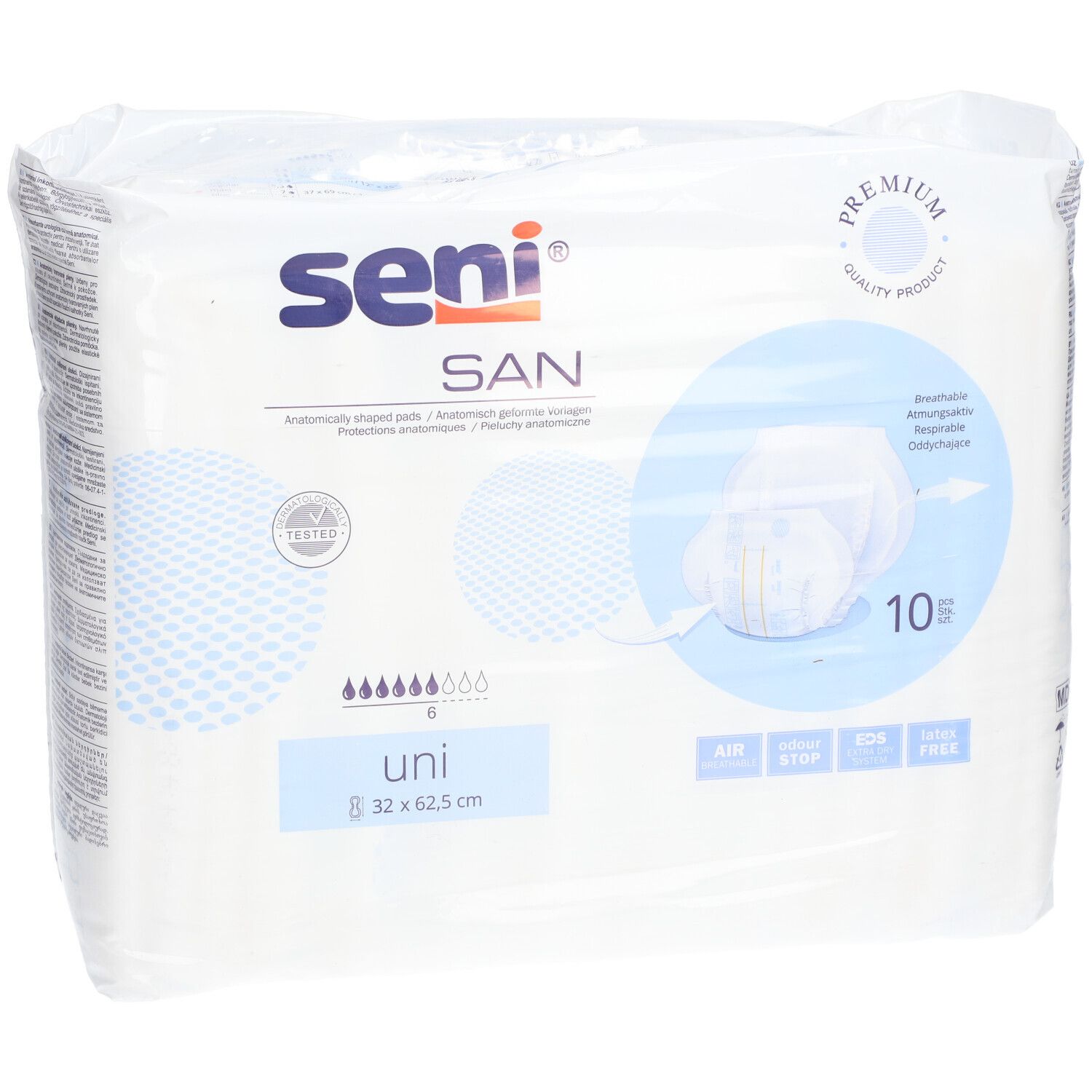 Verpackung Seni SAN Uni. Anatomisch geformte Vorlagen. Größe 32 x 62,5 cm. 10 Stück. Premium-Qualität.