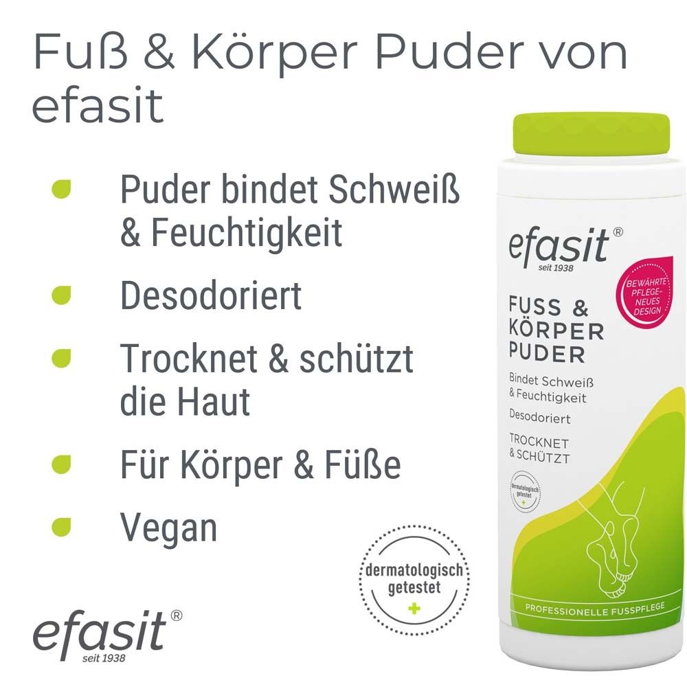 Infografik: efasit Fuß & Körper Puder. Bindet Schweiß, desodoriert, schützt die Haut. Für Körper & Füße. Vegan.