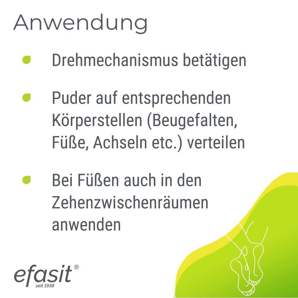 Anwendung: Drehmechanismus betätigen. Puder auf Körperstellen verteilen. Bei Füßen auch in Zehenzwischenräumen.