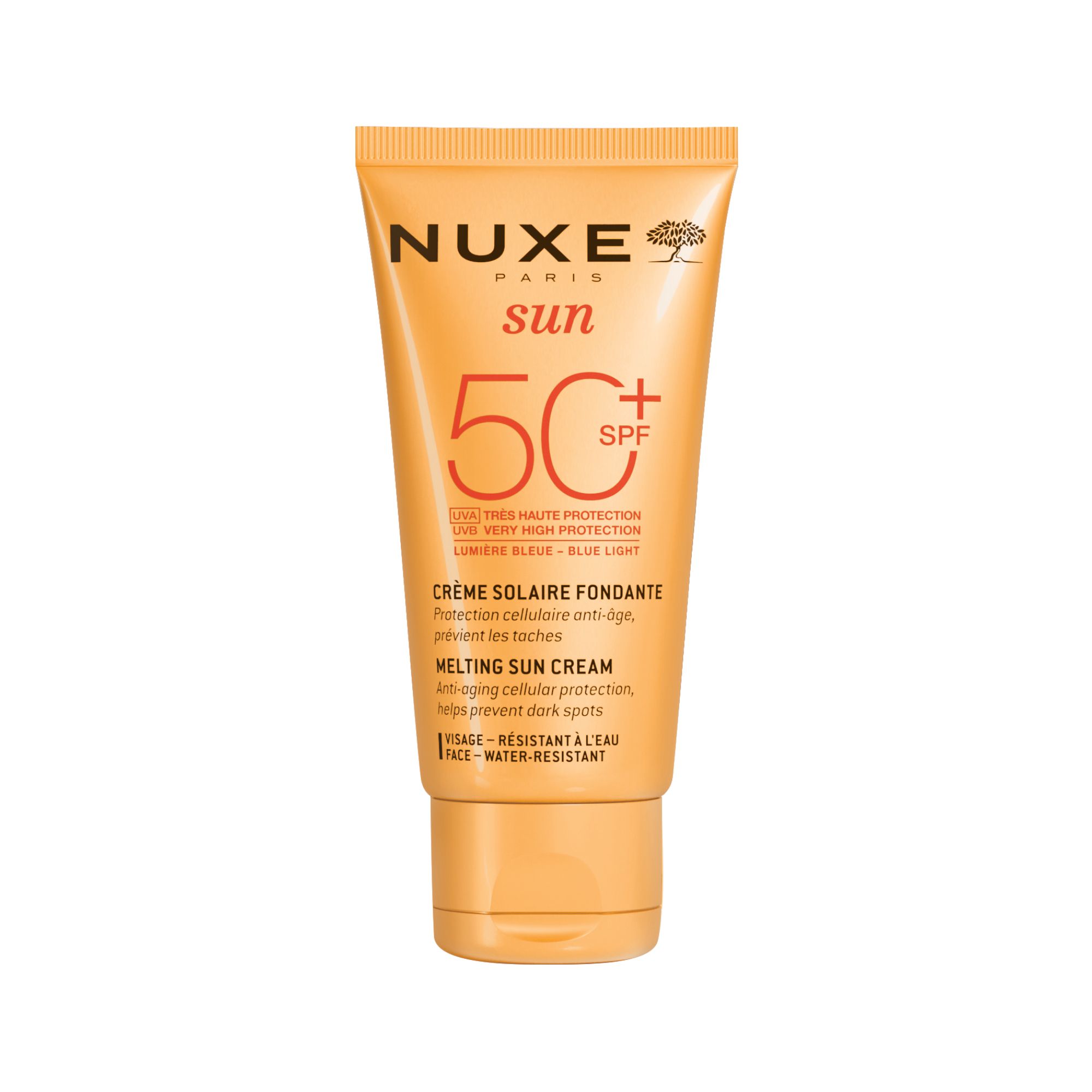 Sonnencreme-Tube mit gelbem Deckel. Aufschrift: NUXE Sun, 50 SPF. Text: Crème Solaire Fondante, Melting Sun Cream.