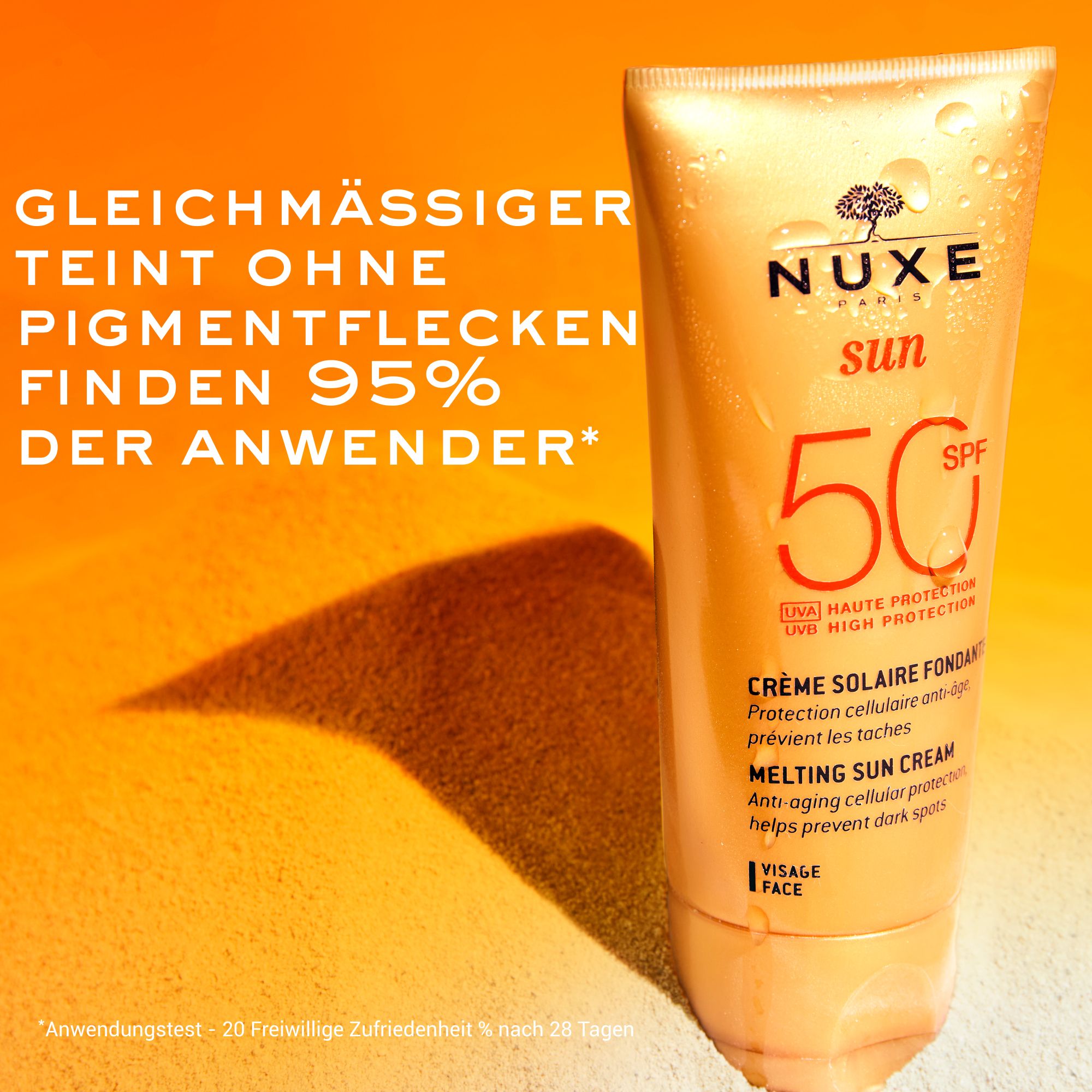 Sonnencreme-Tube mit Text. Aufschrift: NUXE Sun, 50 SPF. Text: Crème Solaire Fondante, Melting Sun Cream. Gelber Hintergrund.