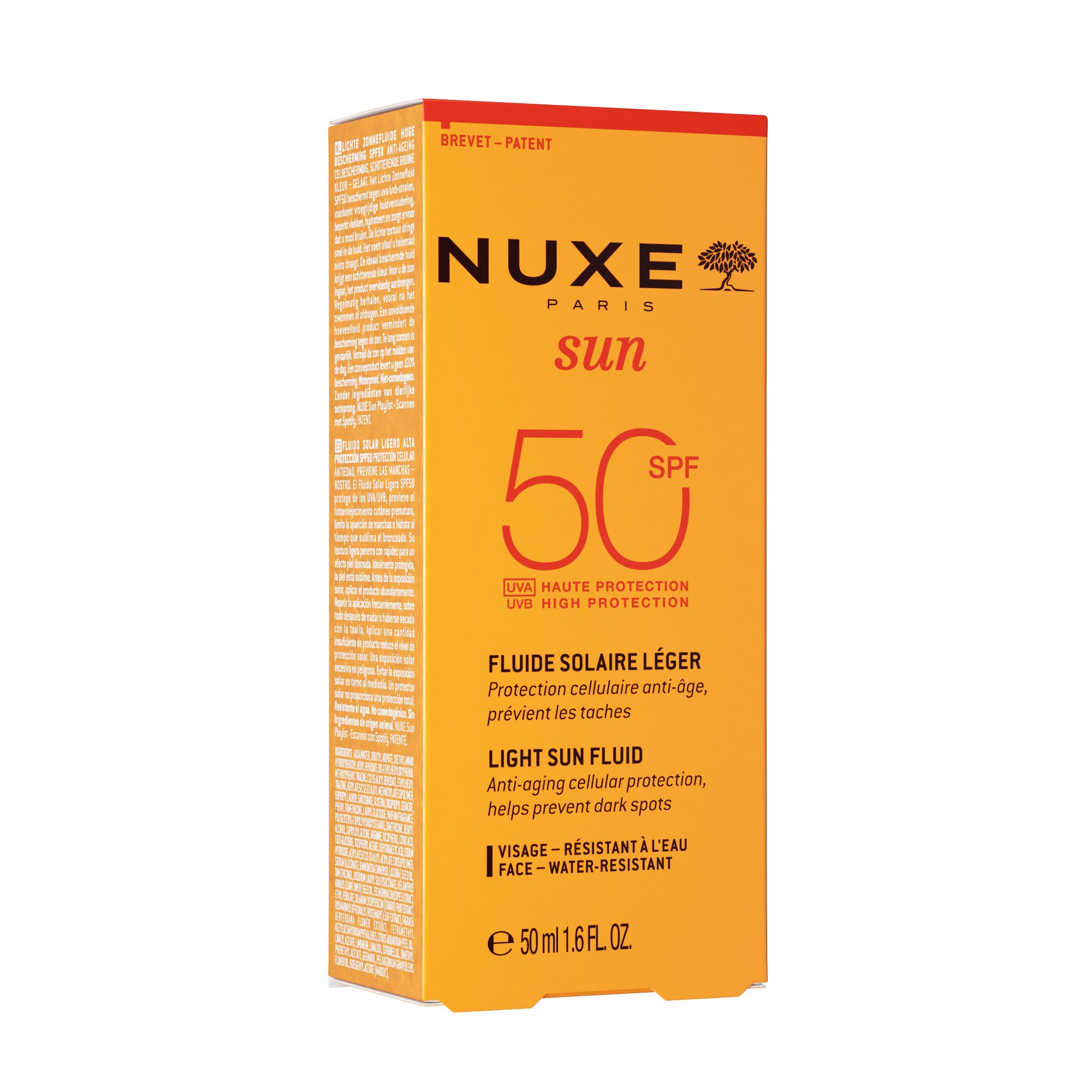 Kartonverpackung, orangefarben. Aufschrift: NUXE Sun, SPF 50. Text: Fluide solaire léger, Light Sun Fluid. E 50 ml 1.6 fl.oz.