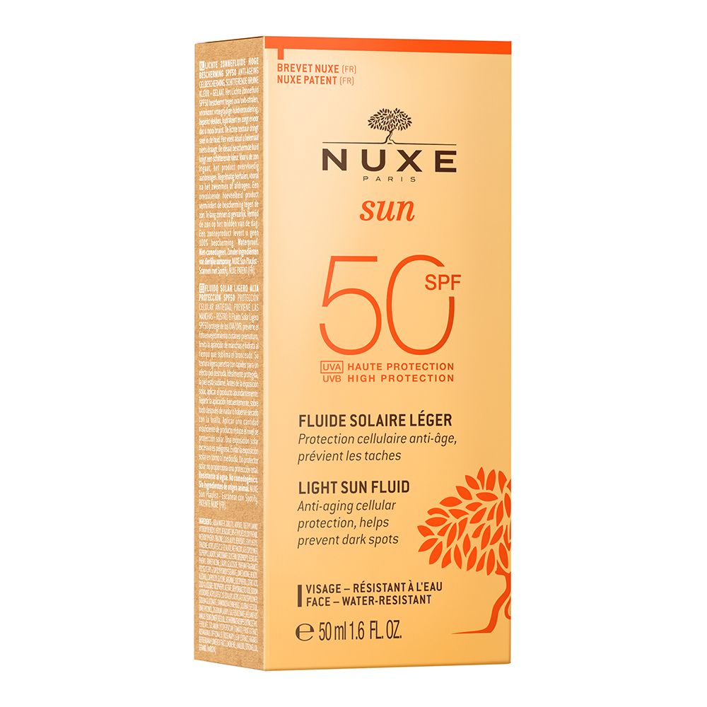 Kartonverpackung, orangefarben. Aufschrift: NUXE Sun, SPF 50. Text: Fluide solaire léger, Light Sun Fluid. E 50 ml 1.6 fl.oz.