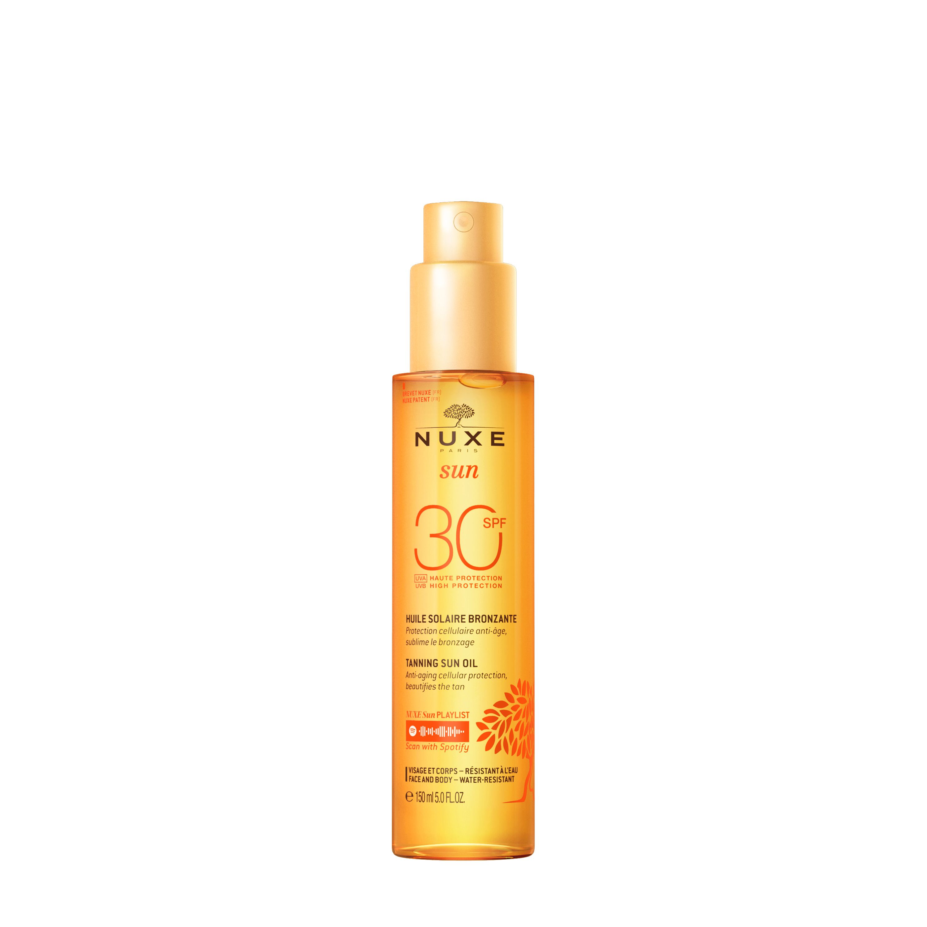 NUXE Sun Sonnenöl LSF 30 Flasche. Gelbliche Flüssigkeit, Sprühkopf. Text und Logo.