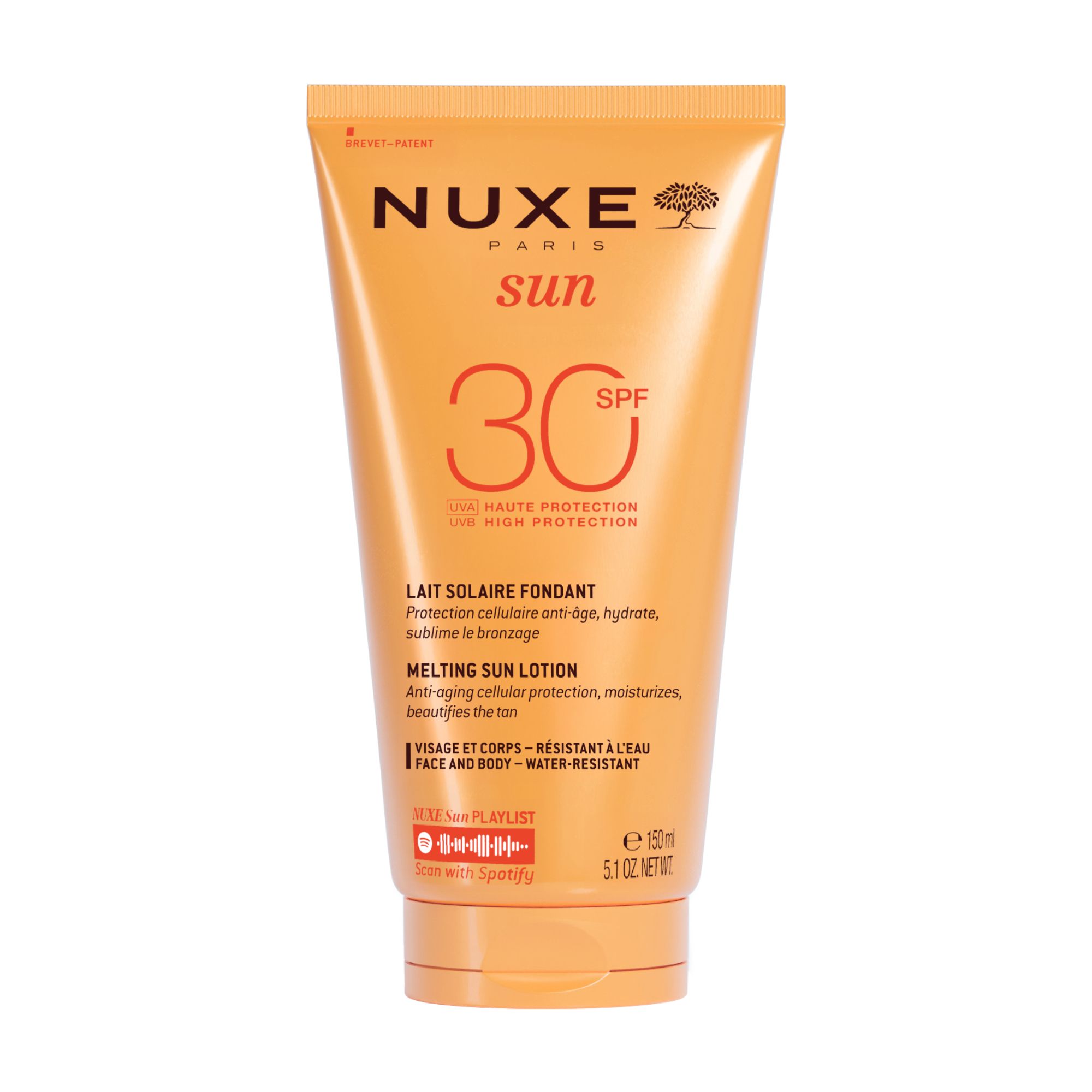 NUXE Sun Sonnenmilch LSF 30-Tube. Orangefarbene Tube mit Produktinformationen und SPF 30-Kennzeichnung.