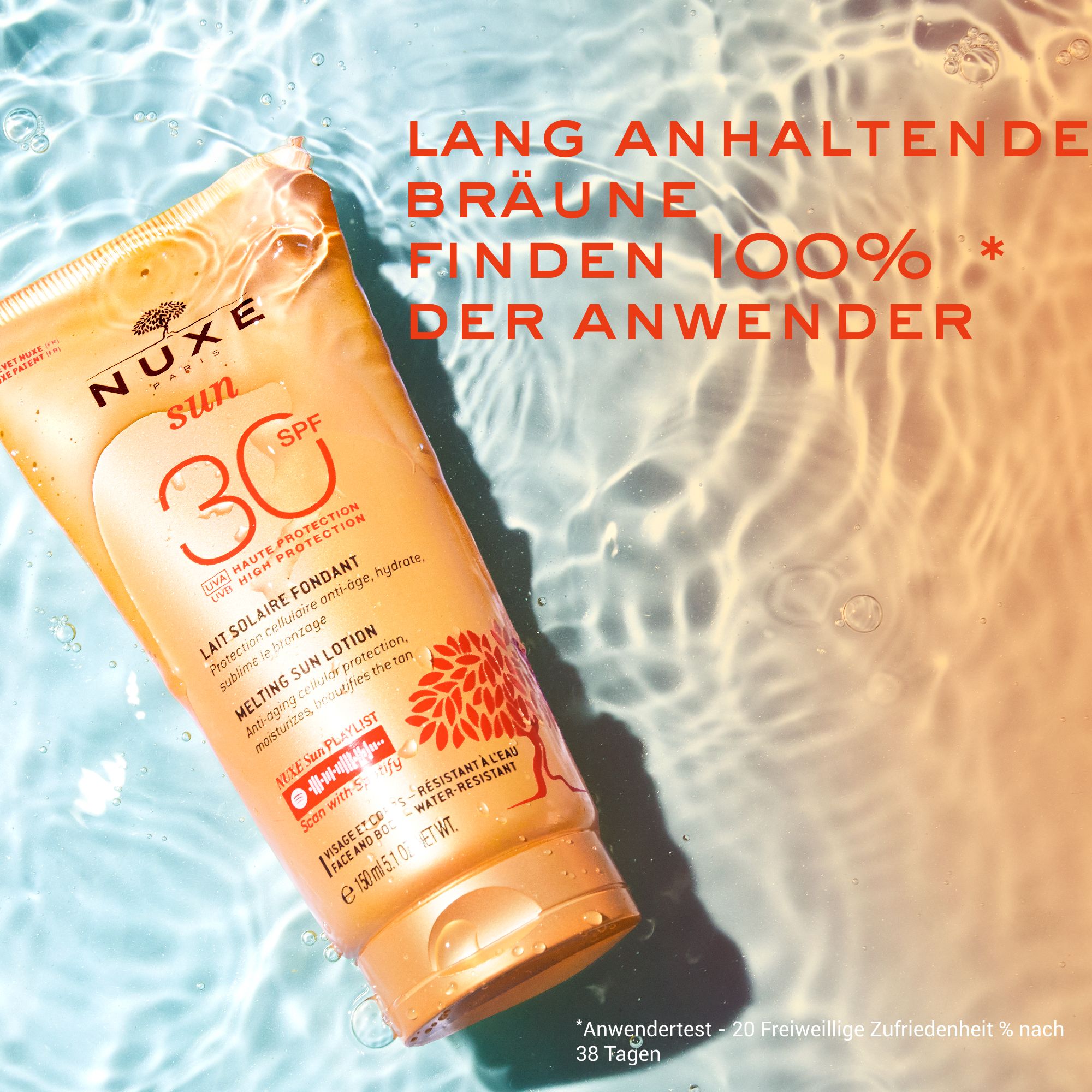 NUXE Sun Sonnenmilch LSF 30-Tube im Wasser. Produktinformationen und SPF 30-Kennzeichnung.