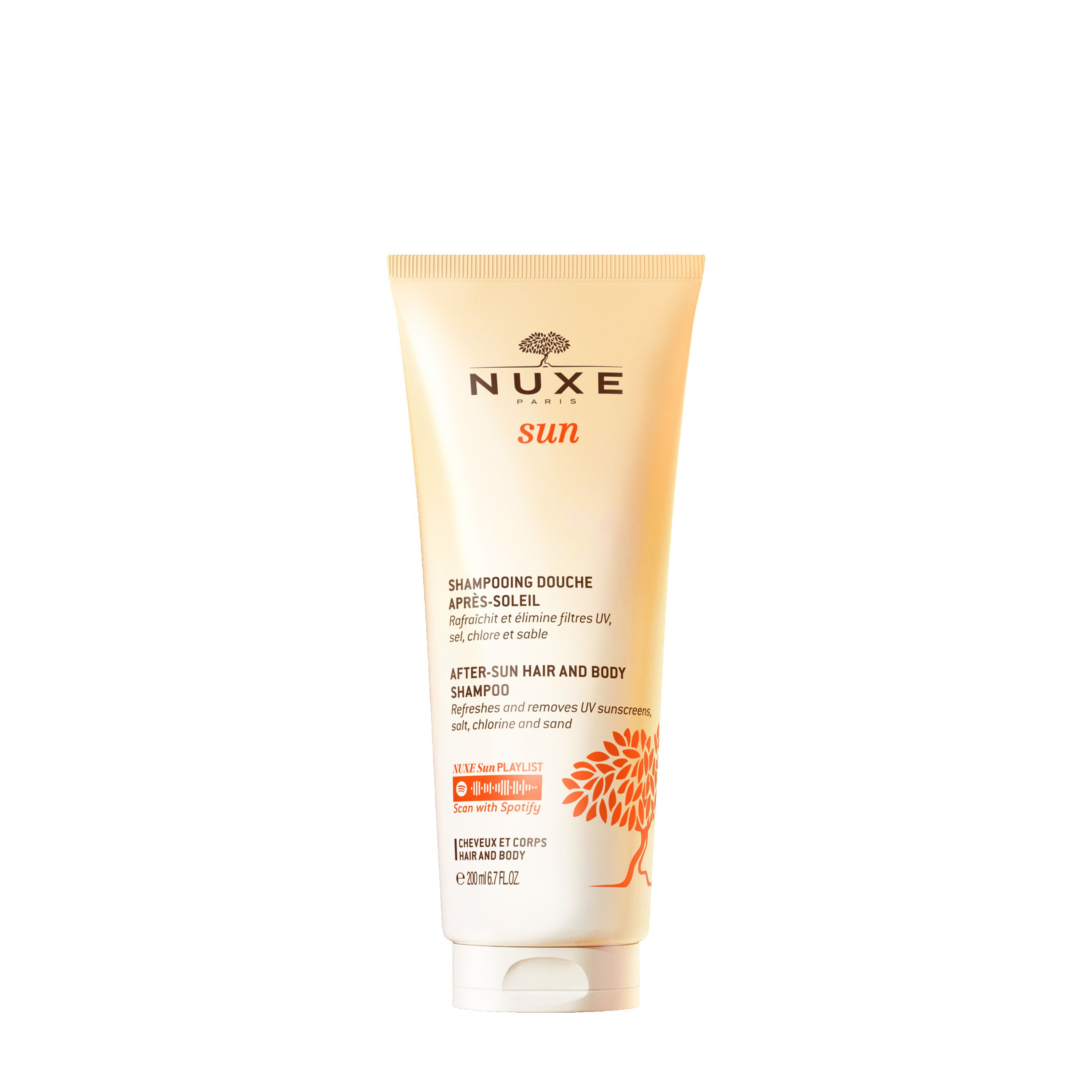 NUXE Sun After-Sun Shampoo und Duschgel. Tube mit Produktinformationen und Logo. Aufschrift: After-Sun Hair and Body Shampoo.