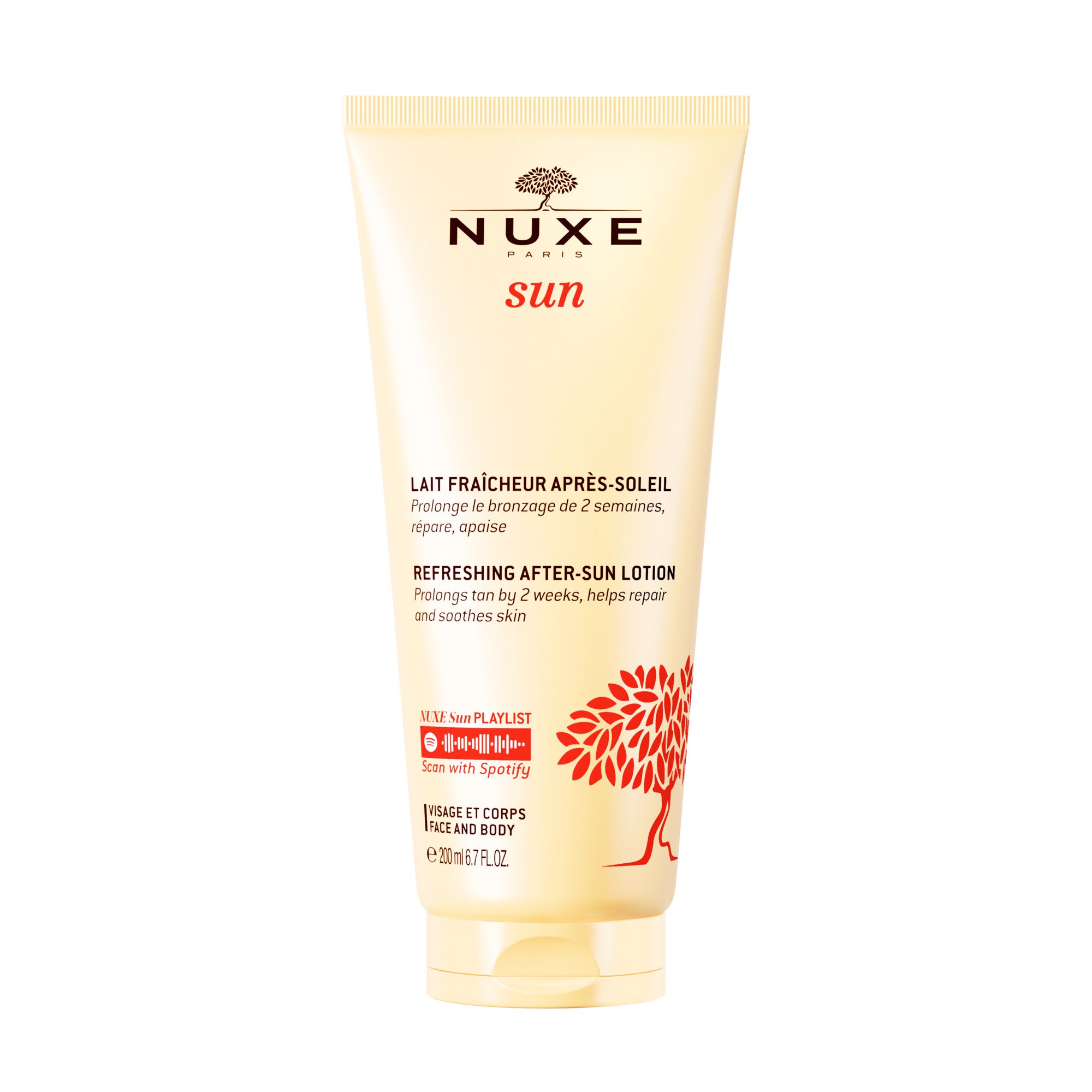 Beige Tube mit NUXE Sun Logo und Produktinformationen. Enthält After-Sun-Lotion für Gesicht und Körper.