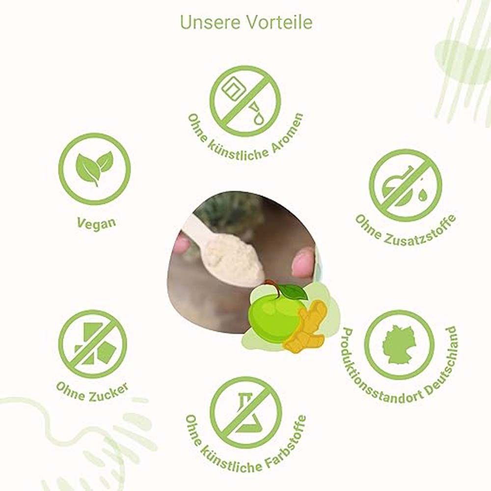 Grafik mit Symbolen. Text: Vegan, ohne künstliche Aromen, ohne Zucker, ohne Zusatzstoffe, Produktionsstandort Deutschland.