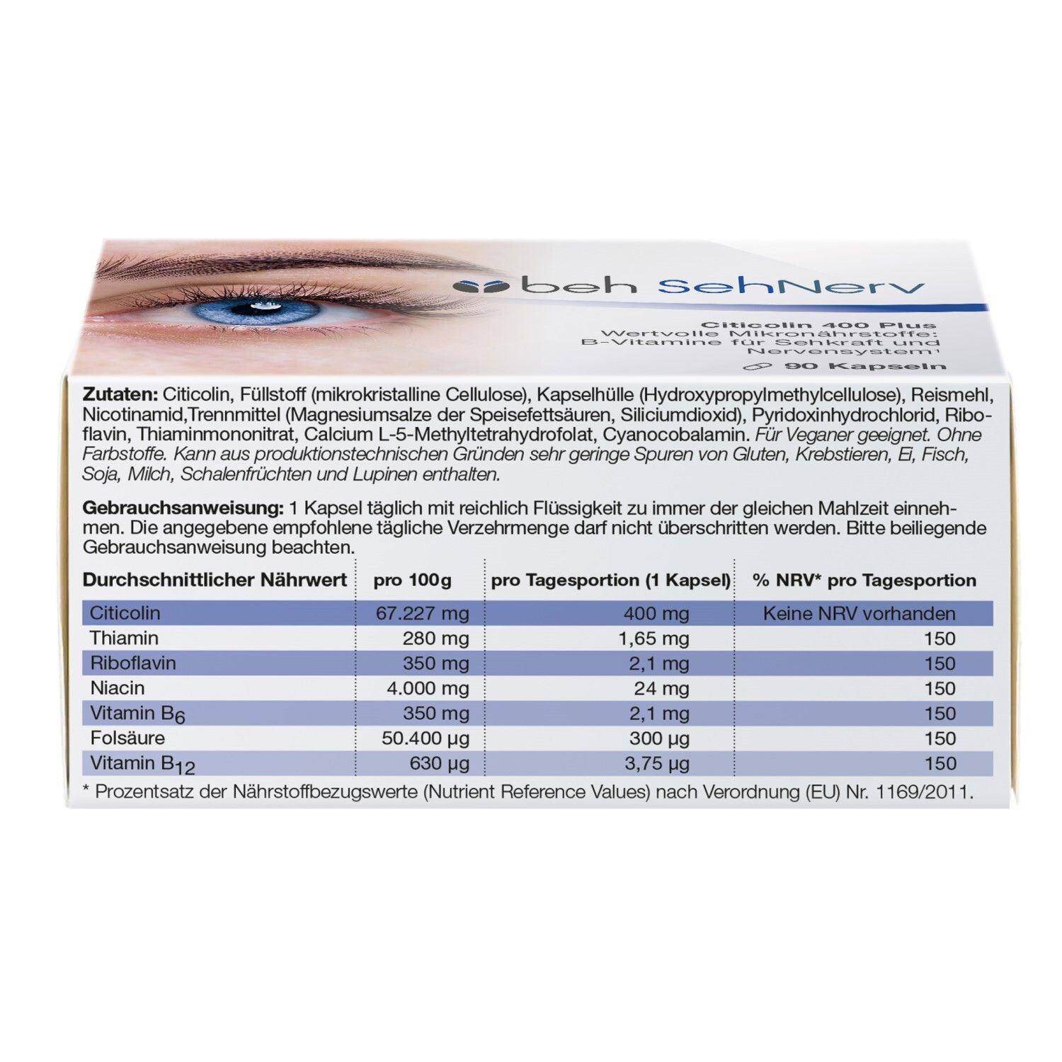 Rückseite der Beh SehNerv-Verpackung. Enthält Nährwerttabelle und Zutatenliste. Text in Deutsch.
