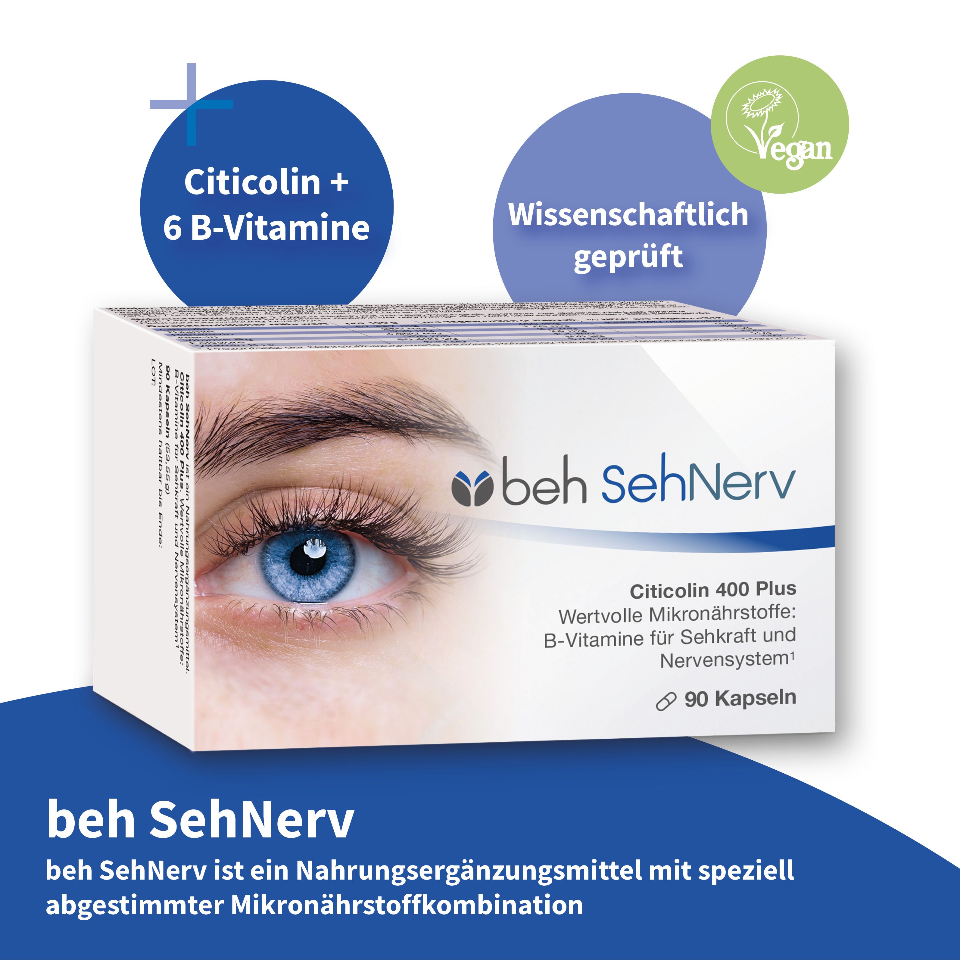 Beh SehNerv-Verpackung mit blauem Auge. Enthält 90 Kapseln. Vegan-Siegel. Text: Citicolin + 6 B-Vitamine.