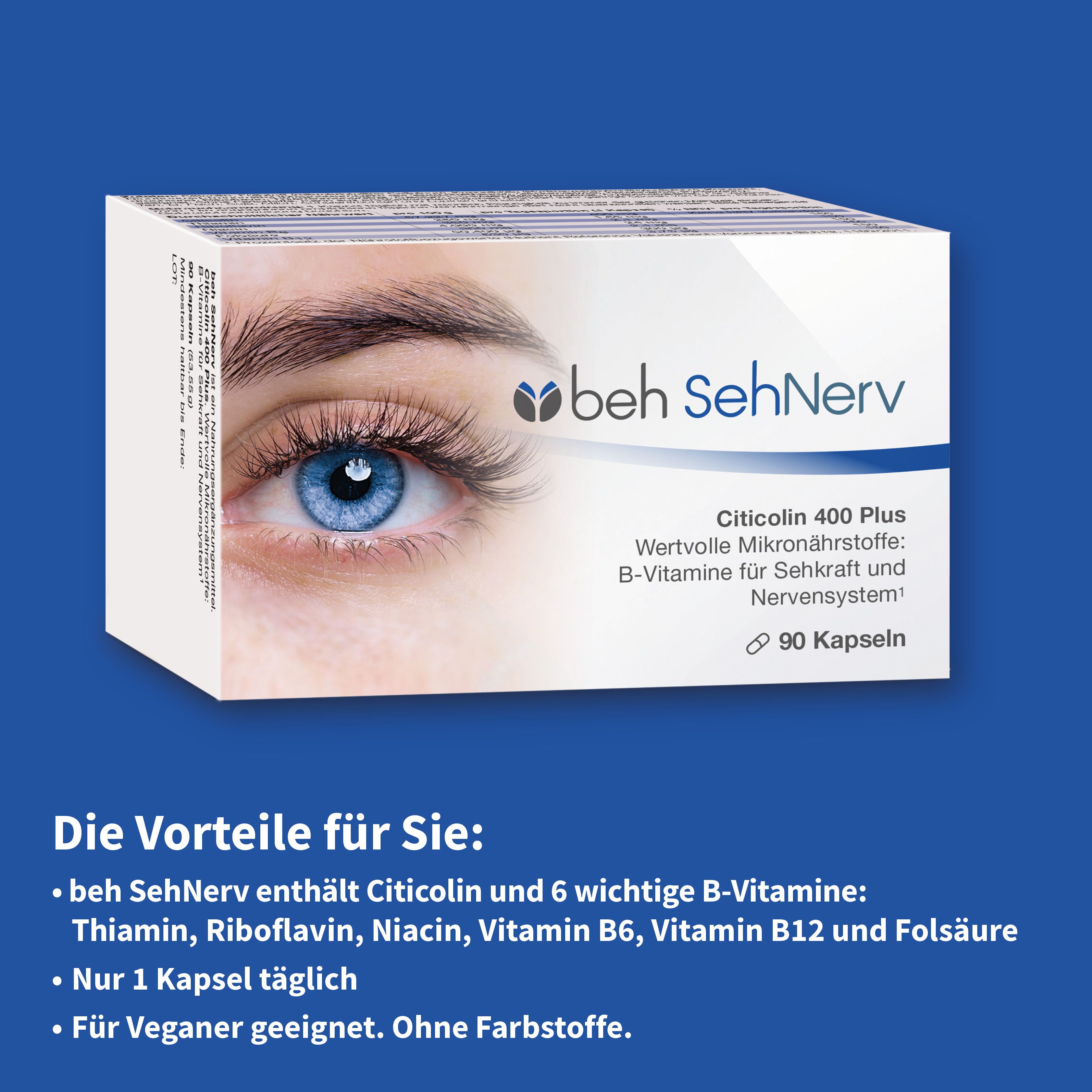 Beh SehNerv-Verpackung mit blauem Auge. Enthält 90 Kapseln. Text: Vorteile: Citicolin und 6 B-Vitamine.