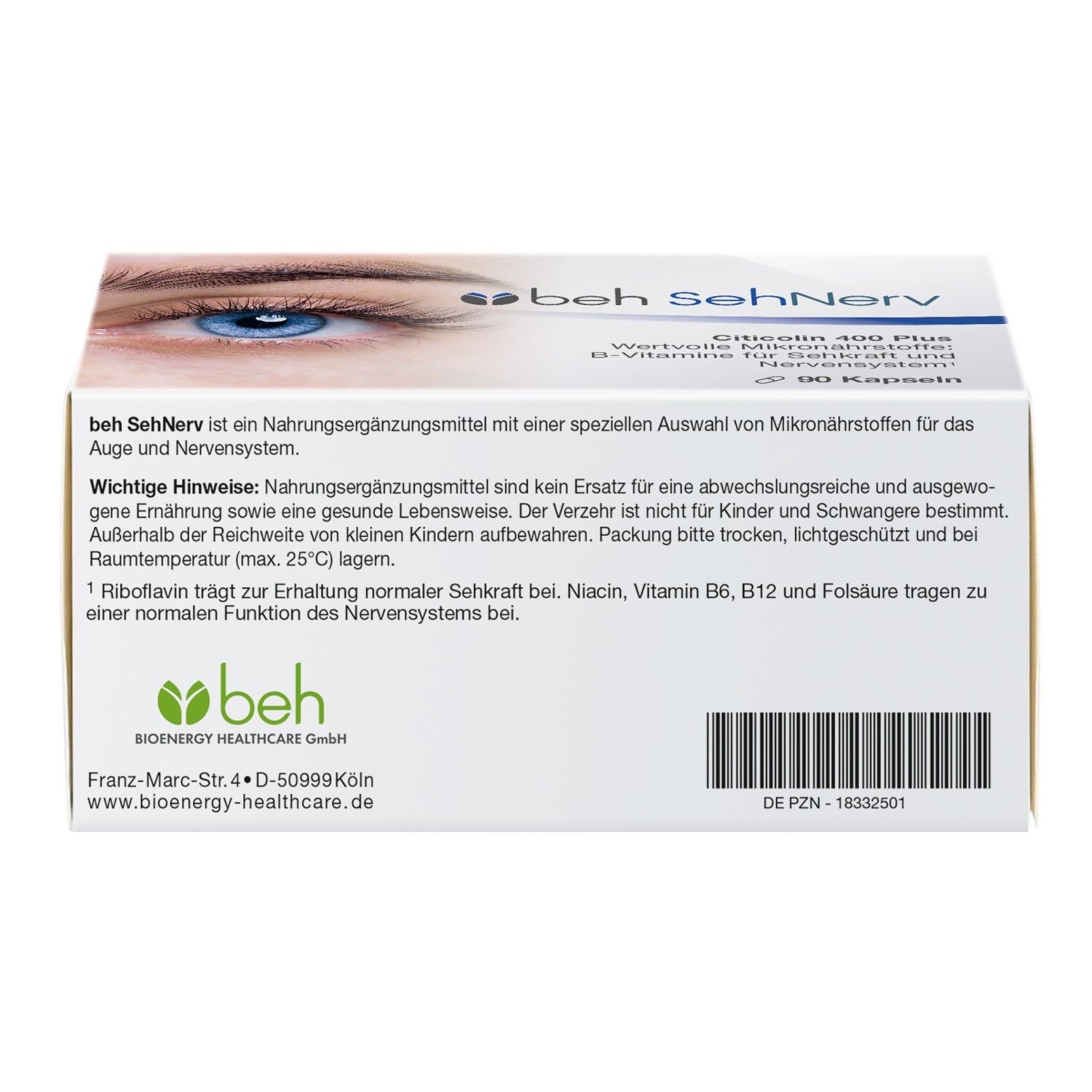 Rückseite der Beh SehNerv-Verpackung. Text: Nahrungsergänzungsmittel für Augen und Nervensystem. Adresse.