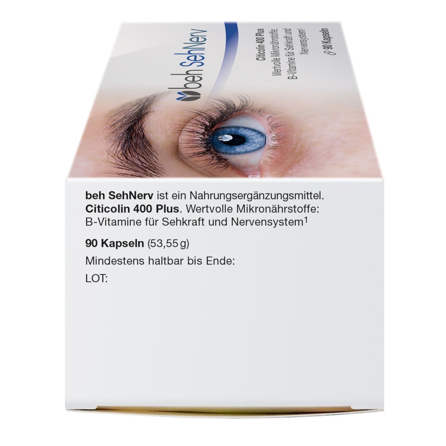 Beh SehNerv-Verpackung, Seitenansicht. Enthält 90 Kapseln. Text: Nahrungsergänzungsmittel, Mindesthaltbarkeit.