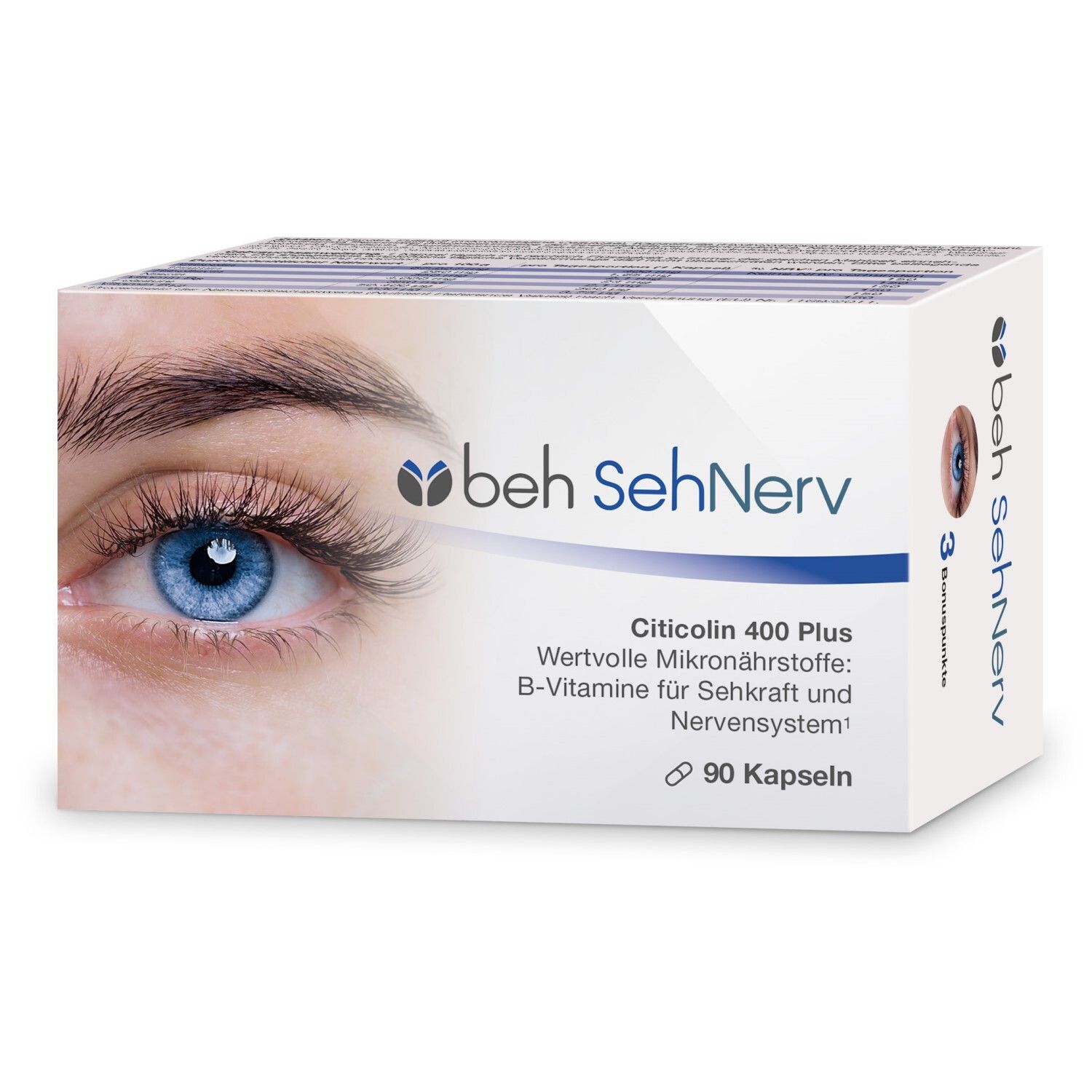 Mehrere Beh SehNerv-Verpackungen. Enthält 90 Kapseln. Text: Citicolin 400 Plus, B-Vitamine für Sehkraft.