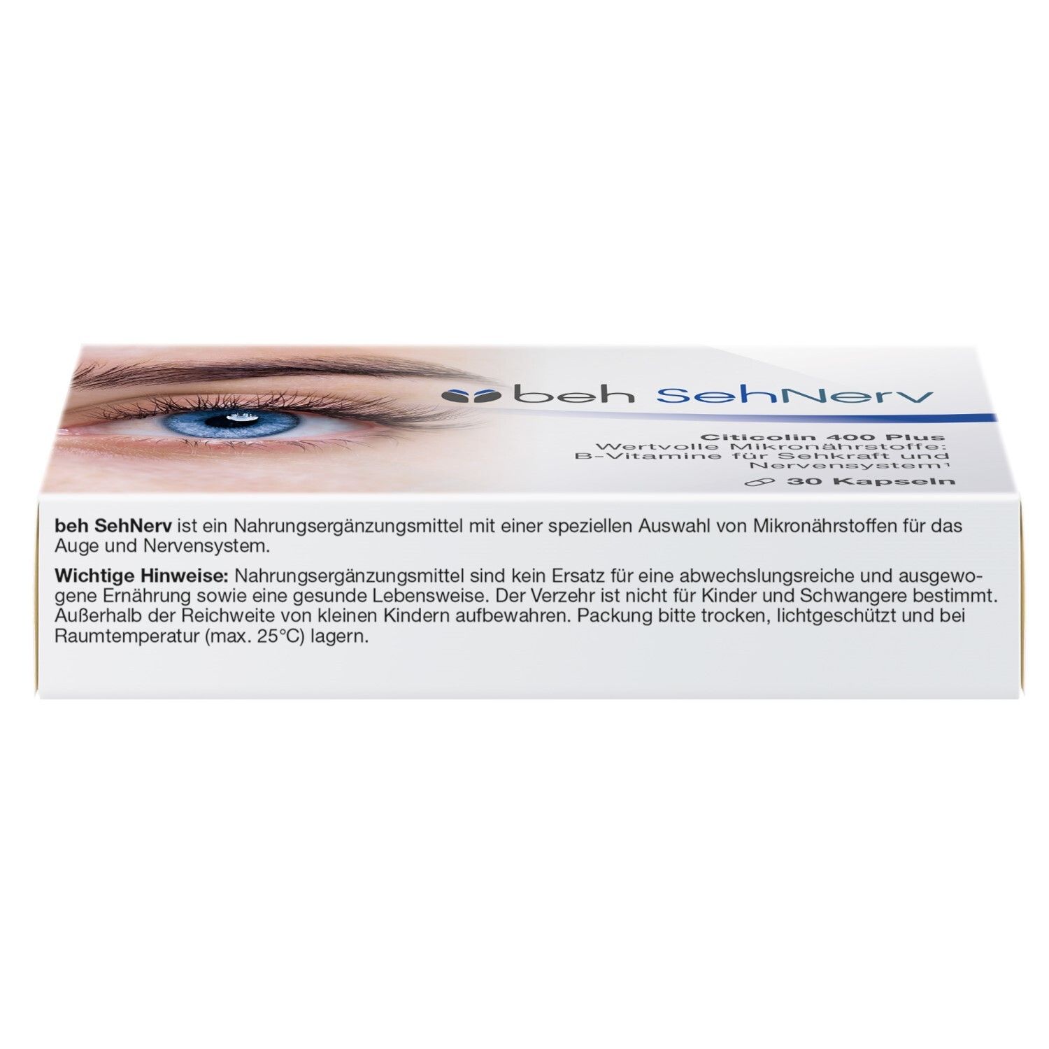 Verpackung von beh SehNerv. Enthält 30 Kapseln. Enthält wichtige Hinweise zur Anwendung und Lagerung.