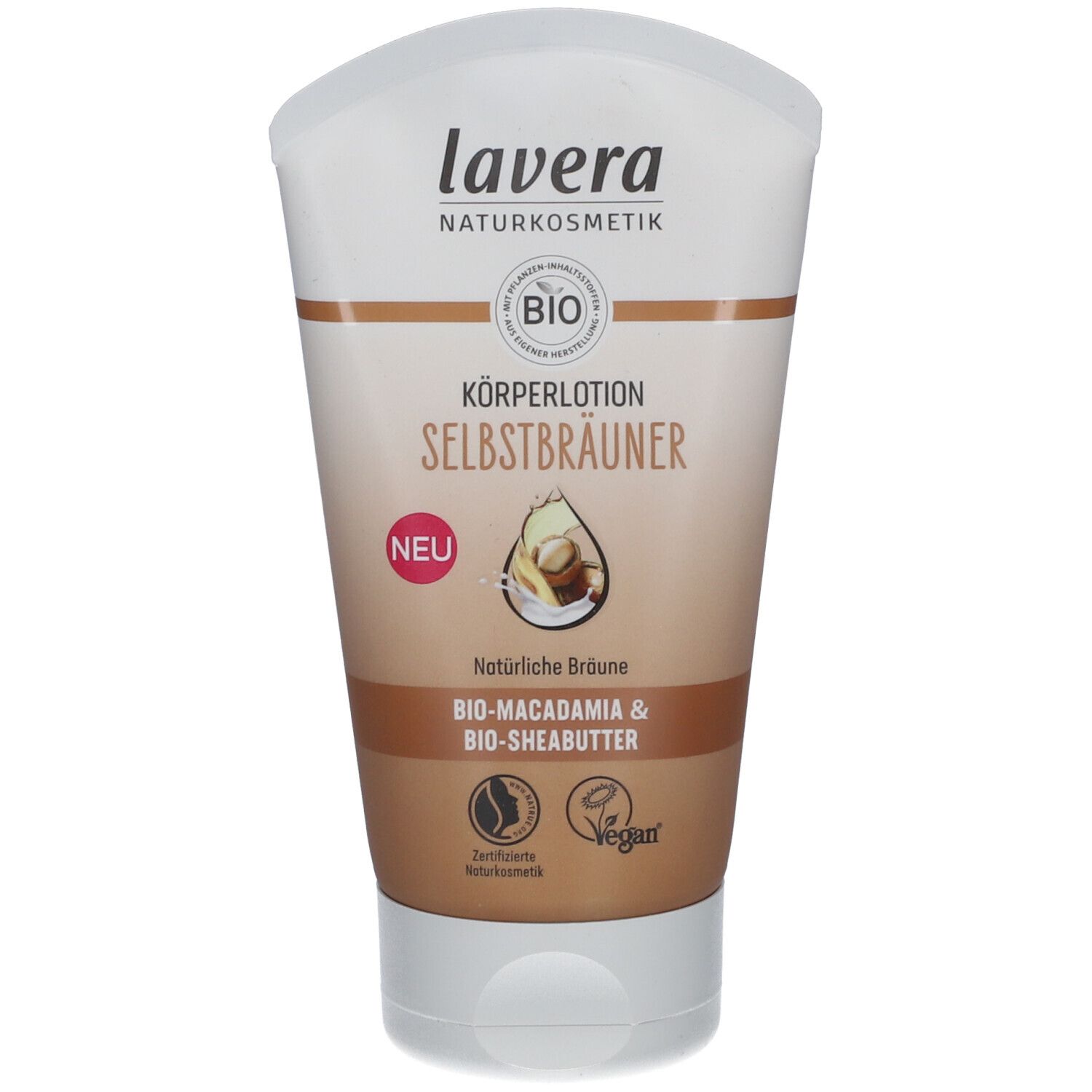 Tube mit "Lavera"-Logo und "Körperlotion Selbstbräuner" Schriftzug. Bio-Siegel. "Neu"-Label. Vegan-Logo.