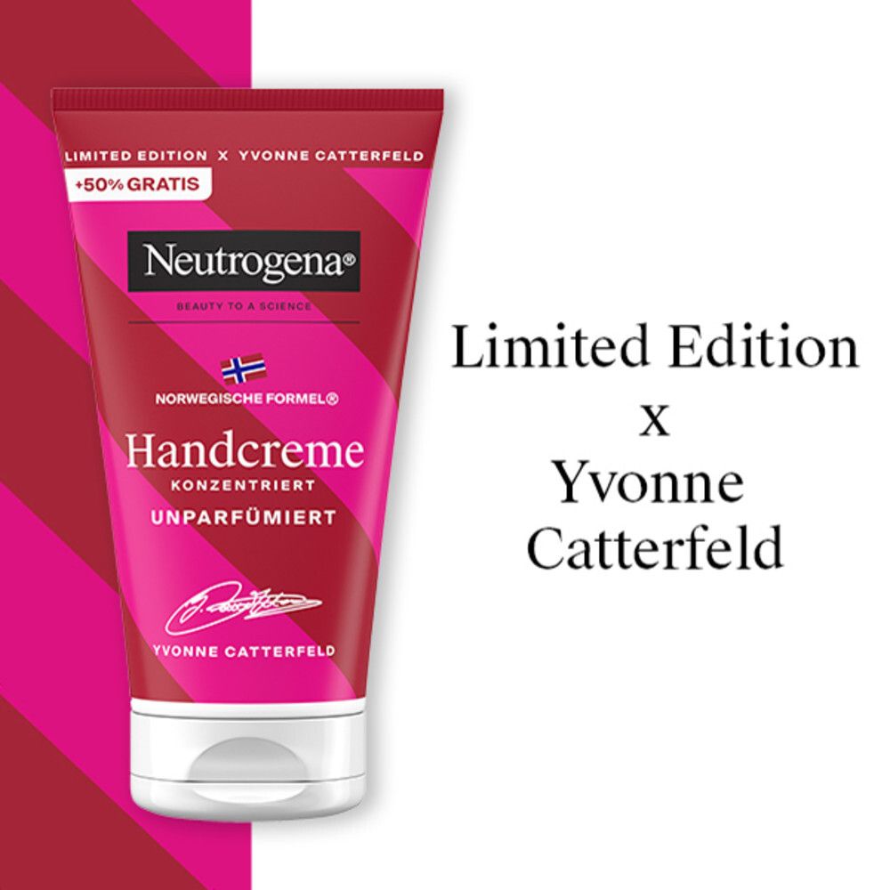 Handcreme-Tube auf pinkem Hintergrund. Text: Limited Edition x Yvonne Catterfeld.