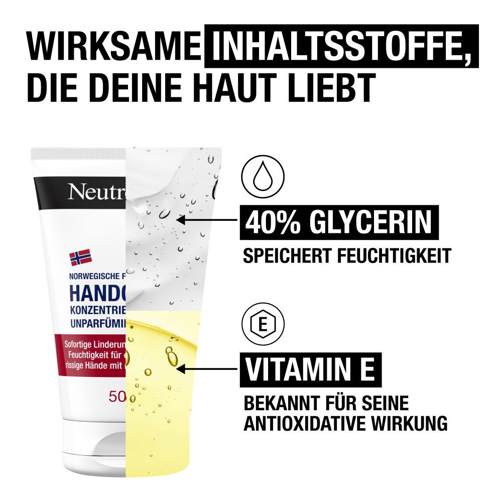 Neutrogena Handcreme mit Inhaltsstoffen: 40% Glycerin, speichert Feuchtigkeit. Vitamin E, bekannt für antioxidative Wirkung.