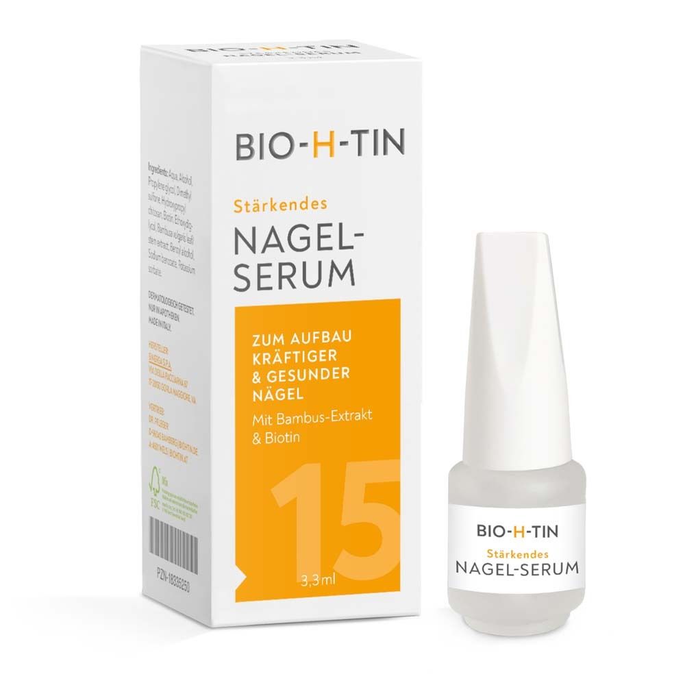 BIO-H-TIN Stärkendes Nagelserum. Flasche und Verpackung. 3,3 ml. Zum Aufbau kräftiger Nägel.