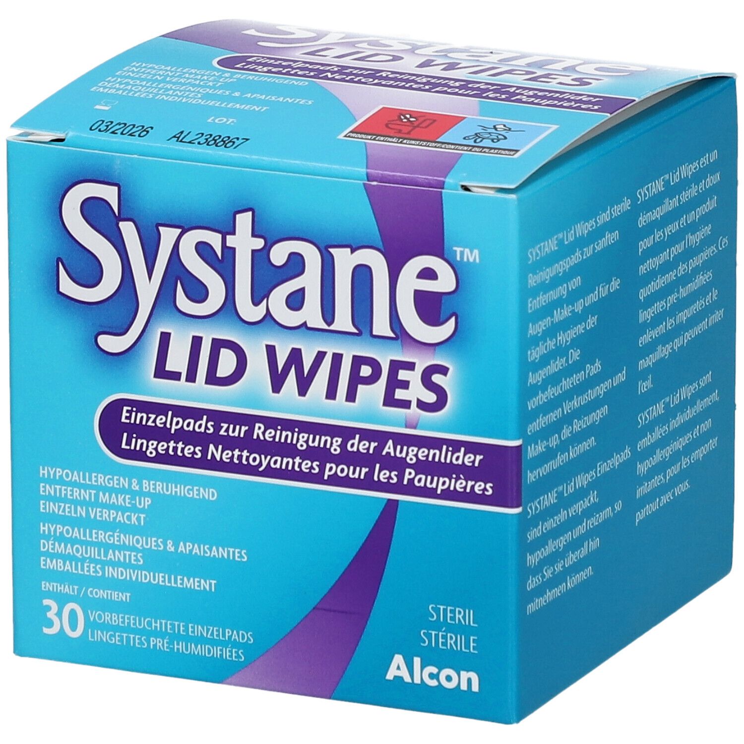 Blau-weiße Schachtel mit "Systane Lid Wipes"-Logo. Enthält 30 einzeln verpackte, vorbefeuchtete Reinigungspads. Steril, von Alcon.