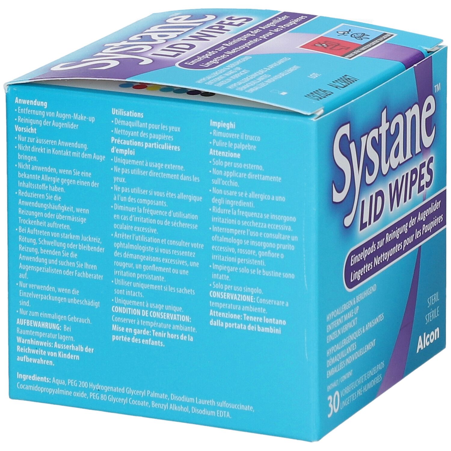 Rückseite der "Systane Lid Wipes"-Box. Text in Deutsch, Französisch und Italienisch. Enthält Anweisungen und Inhaltsstoffe. Steril, von Alcon.