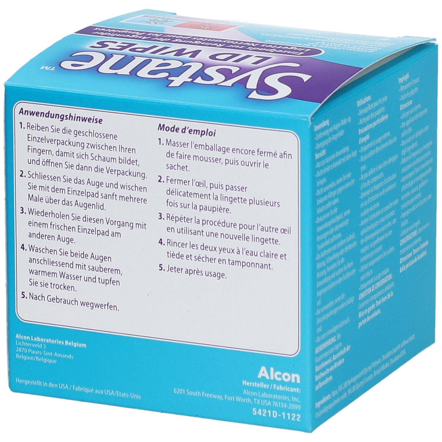 Oberseite der "Systane Lid Wipes"-Box. Anweisungen in Deutsch und Französisch. Hergestellt von Alcon Laboratories Belgium.