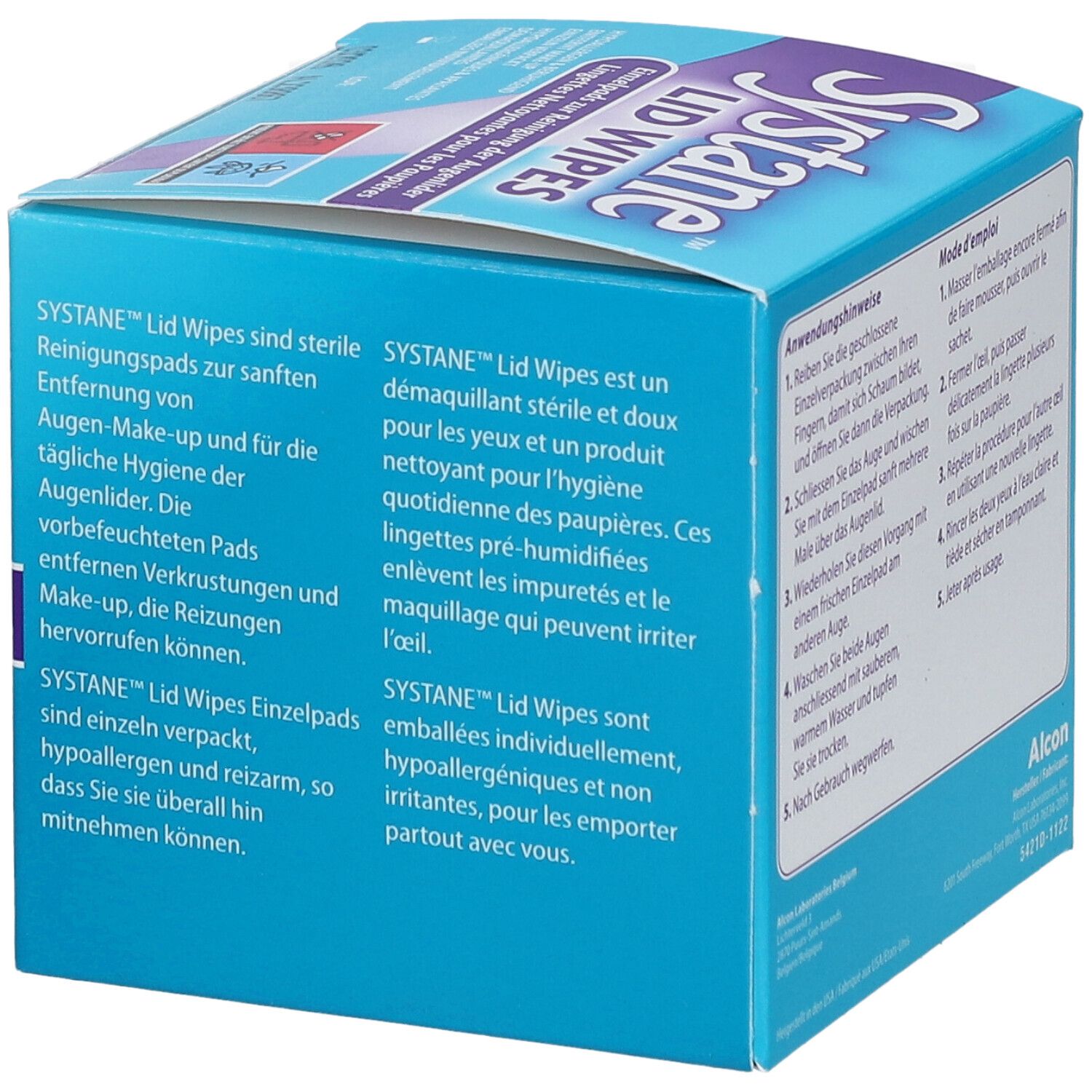 Seite der "Systane Lid Wipes"-Box. Text in Deutsch und Französisch. Einzeln verpackte, hypoallergene Pads. Steril, von Alcon.