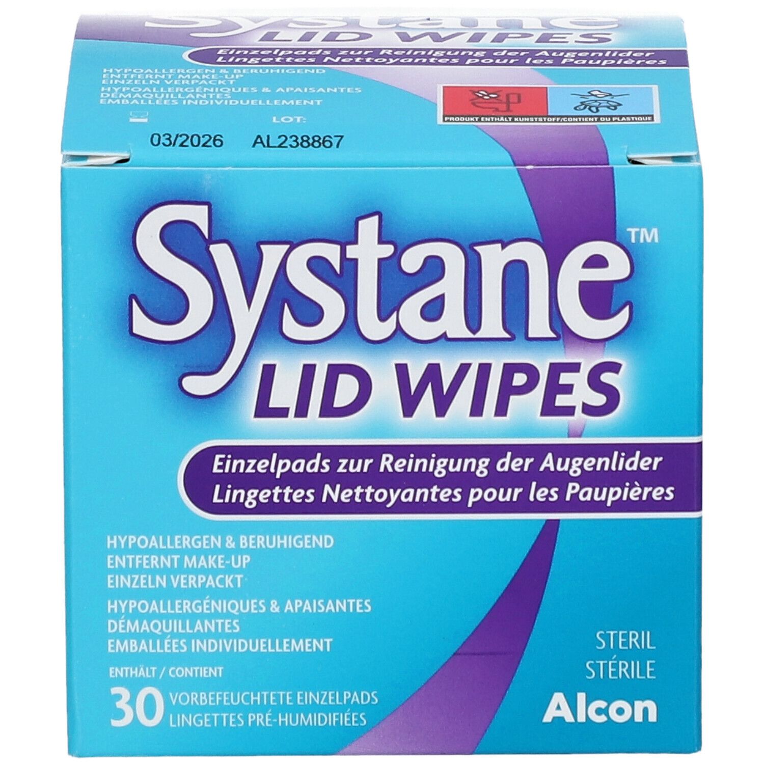 Vorderseite der "Systane Lid Wipes"-Box. Blau-weiß mit Logo. Enthält 30 einzeln verpackte, vorbefeuchtete Pads. Steril, von Alcon.