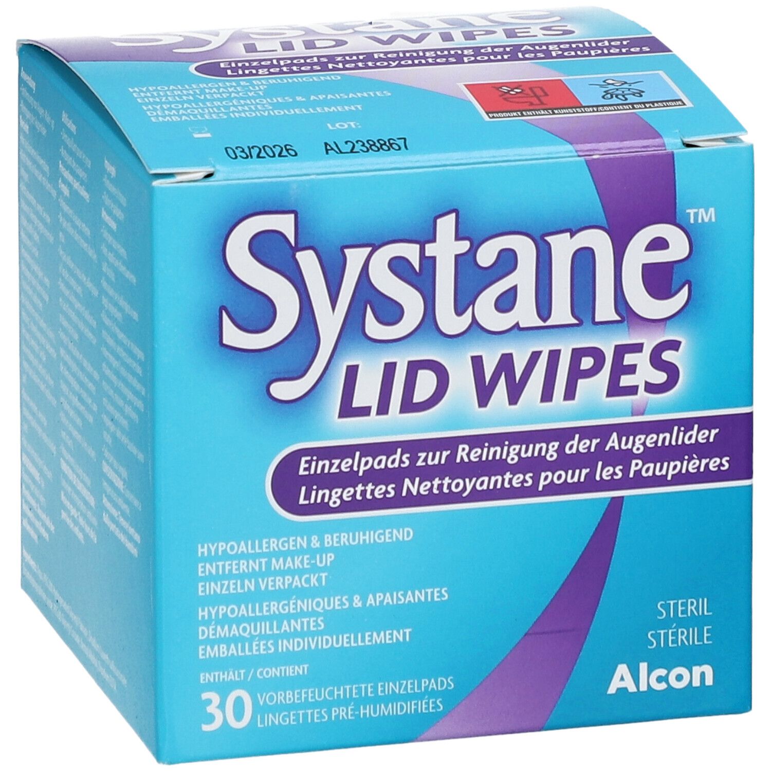 Vorderseite der "Systane Lid Wipes"-Box. Blau-weiß mit Logo. Enthält 30 einzeln verpackte, vorbefeuchtete Pads. Steril, von Alcon.
