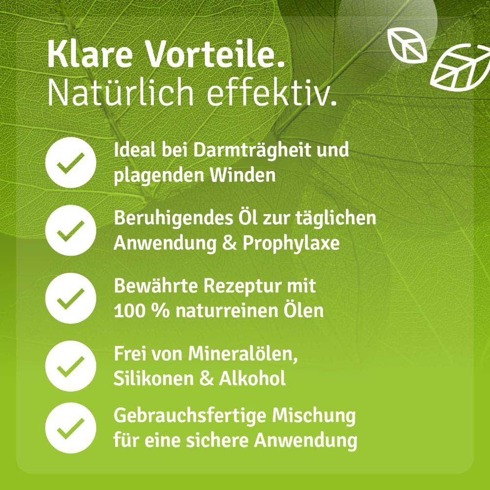 Text auf grünem Hintergrund. Vorteile: Darmträgheit, beruhigendes Öl, bewährte Rezeptur, frei von Mineralölen, gebrauchsfertig.