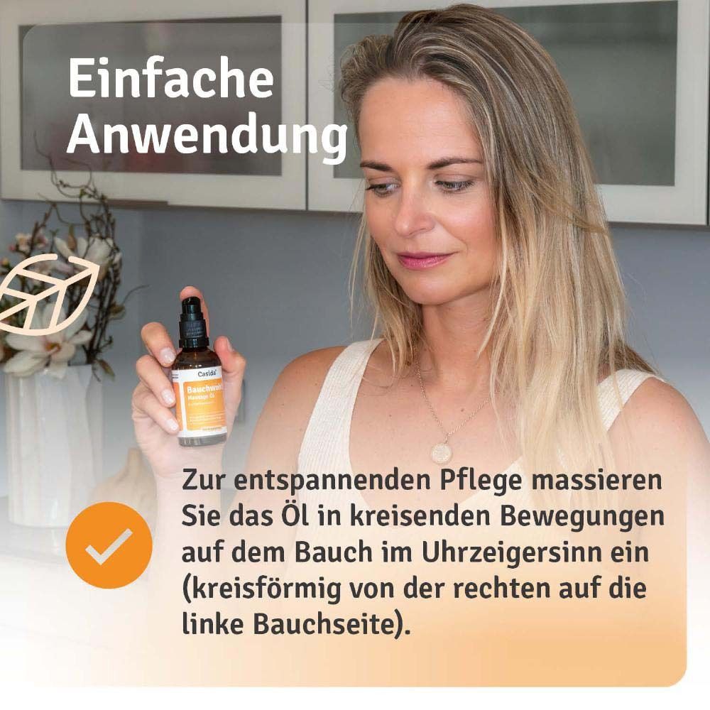 Frau hält Flasche Casida® Bauchwohl Massage Öl. Text: Zur entspannenden Pflege massieren Sie das Öl in kreisenden Bewegungen.