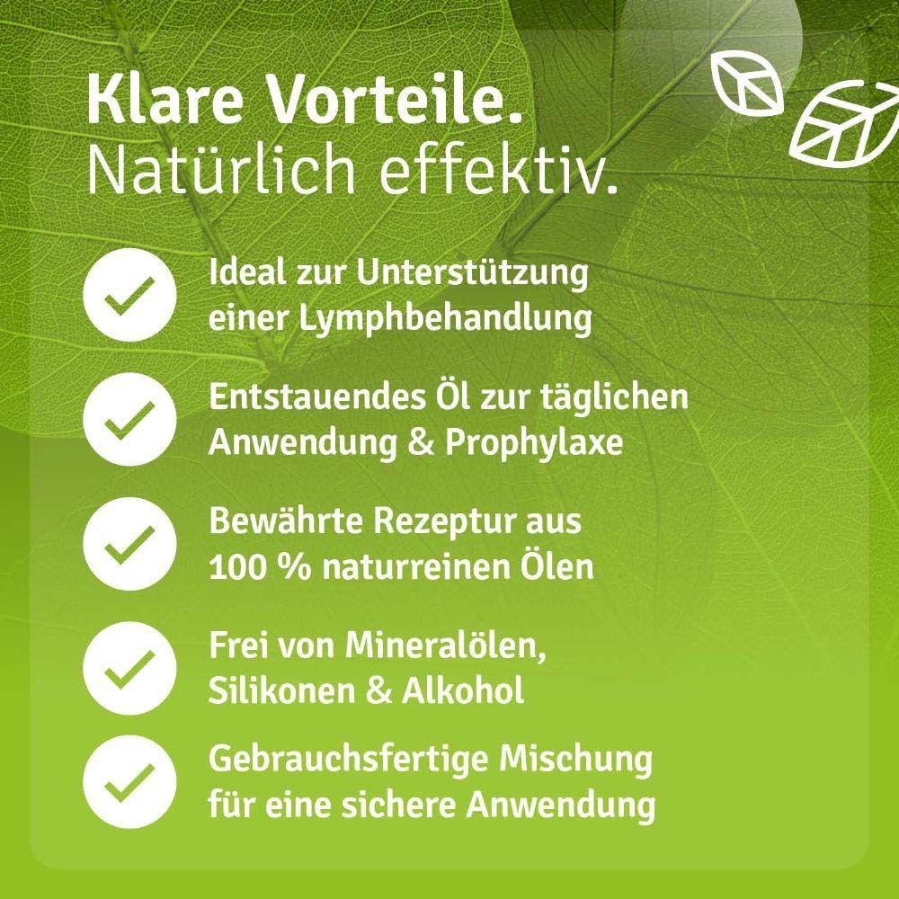 Text mit Checkboxen. Ideal zur Unterstützung einer Lymphbehandlung, entstauendes Öl, bewährte Rezeptur, etc.