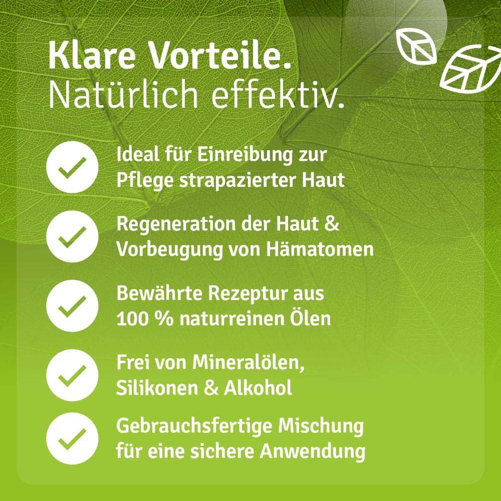 Produktflasche. Text: Ideal für strapazierte Haut, Regeneration, bewährte Rezeptur, frei von Mineralölen, etc.