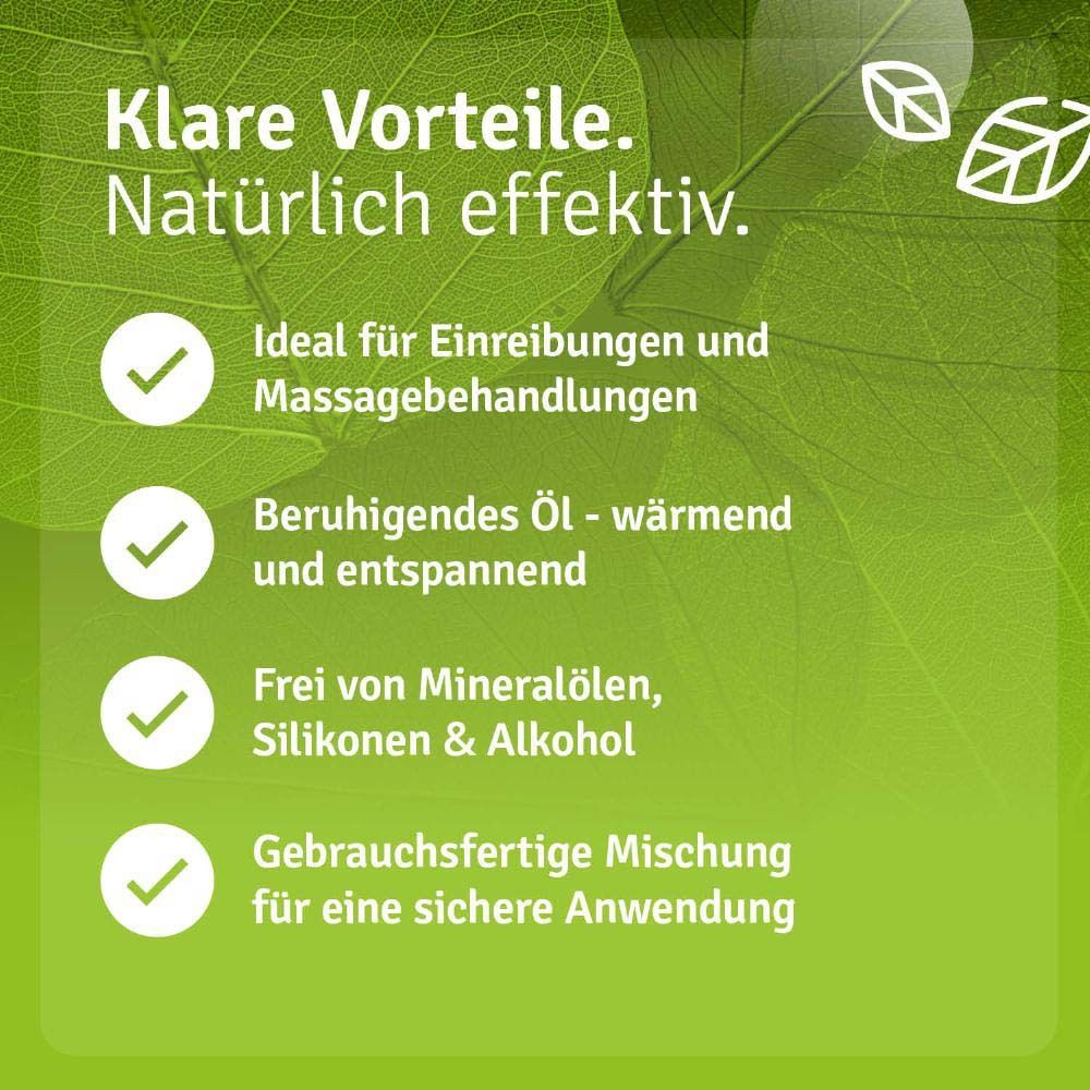 Produktflasche mit Text: Klare Vorteile. Natürlich effektiv. Ideal für Einreibungen und Massagebehandlungen.