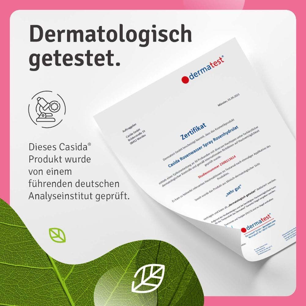 Zertifikat: Dermatologisch getestet. Casida Produkt geprüft von deutschem Analyseinstitut. Bewertung: sehr gut.