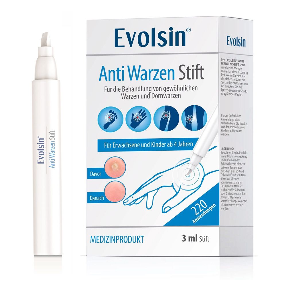 Evolsin Anti Warzen Stift Verpackung mit Darstellungen von Warzen an Fuß, Hand und Knie.