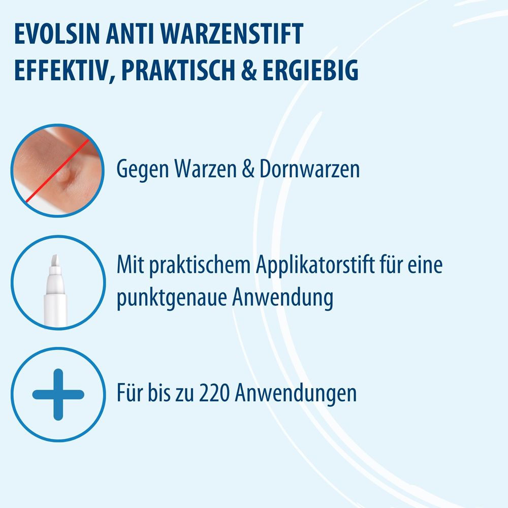 Rückseite der Evolsin Anti Warzen Stift Verpackung mit Anwendungshinweisen und Inhaltsstoffen.