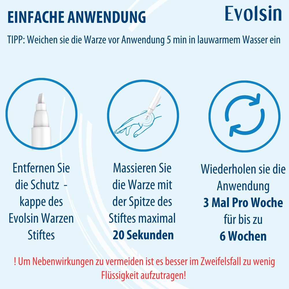 Seitenansicht der Evolsin Anti Warzen Stift Verpackung mit Lagerungshinweisen und QR-Code.