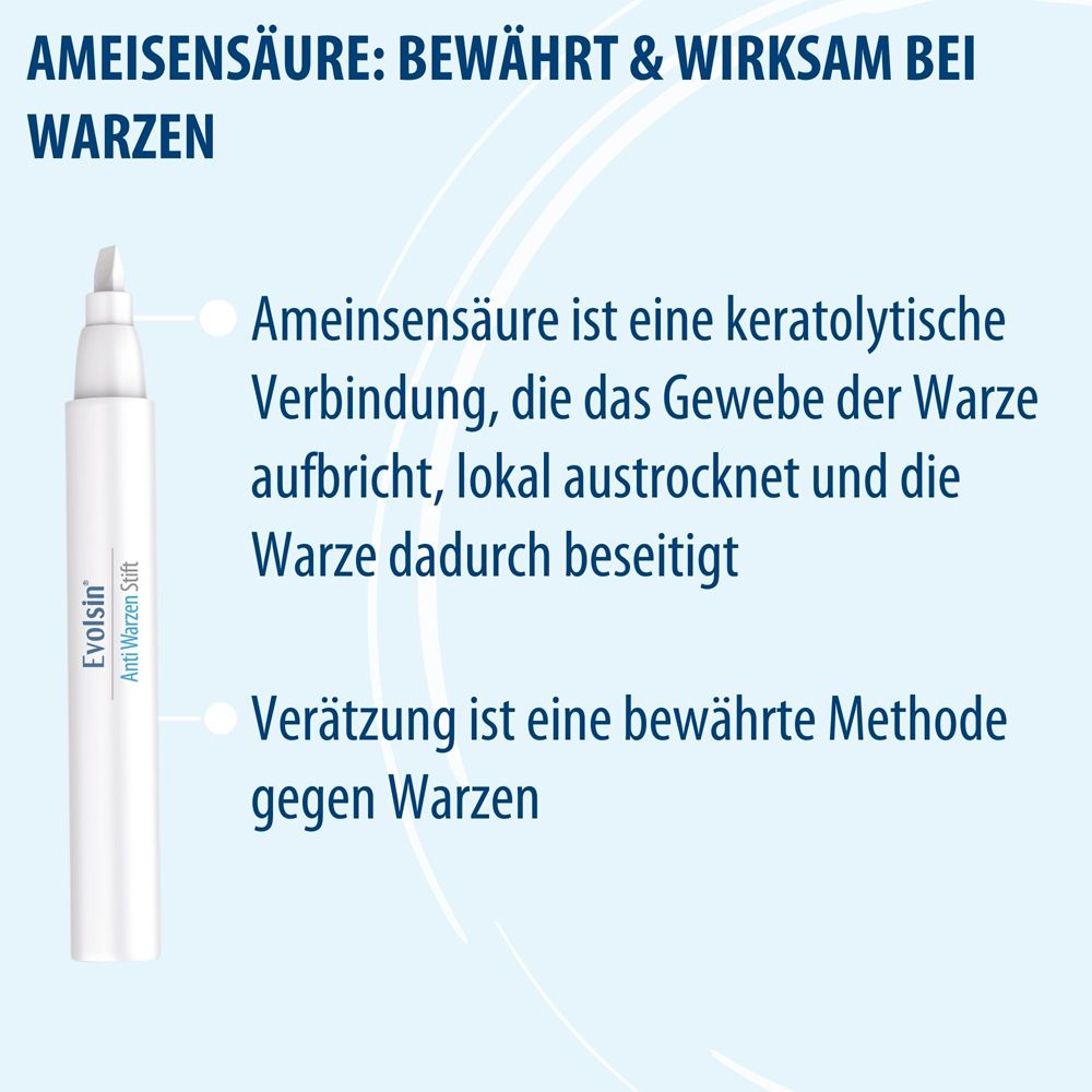 Evolsin Anti Warzen Stift Verpackung mit Darstellungen von Warzen an Fuß, Hand und Knie.