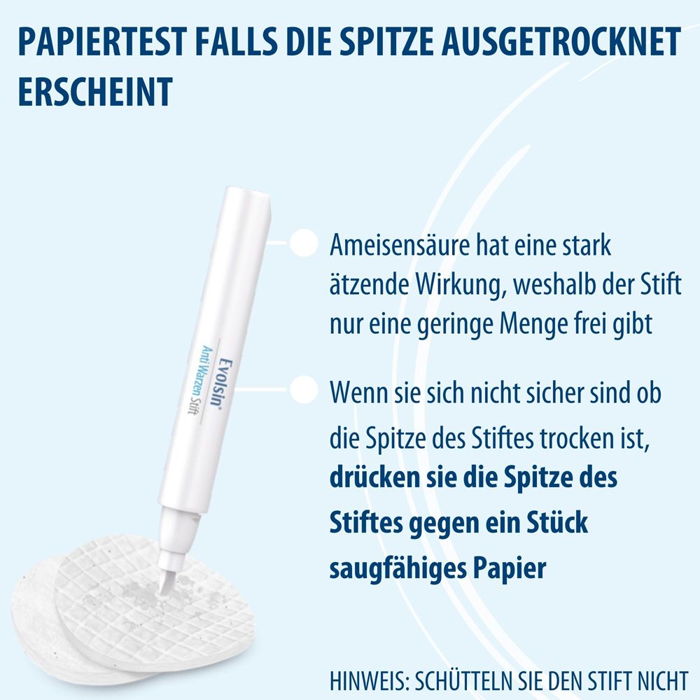 Evolsin Anti Warzen Stift Verpackung mit Darstellungen von Warzen an Fuß, Hand und Knie.