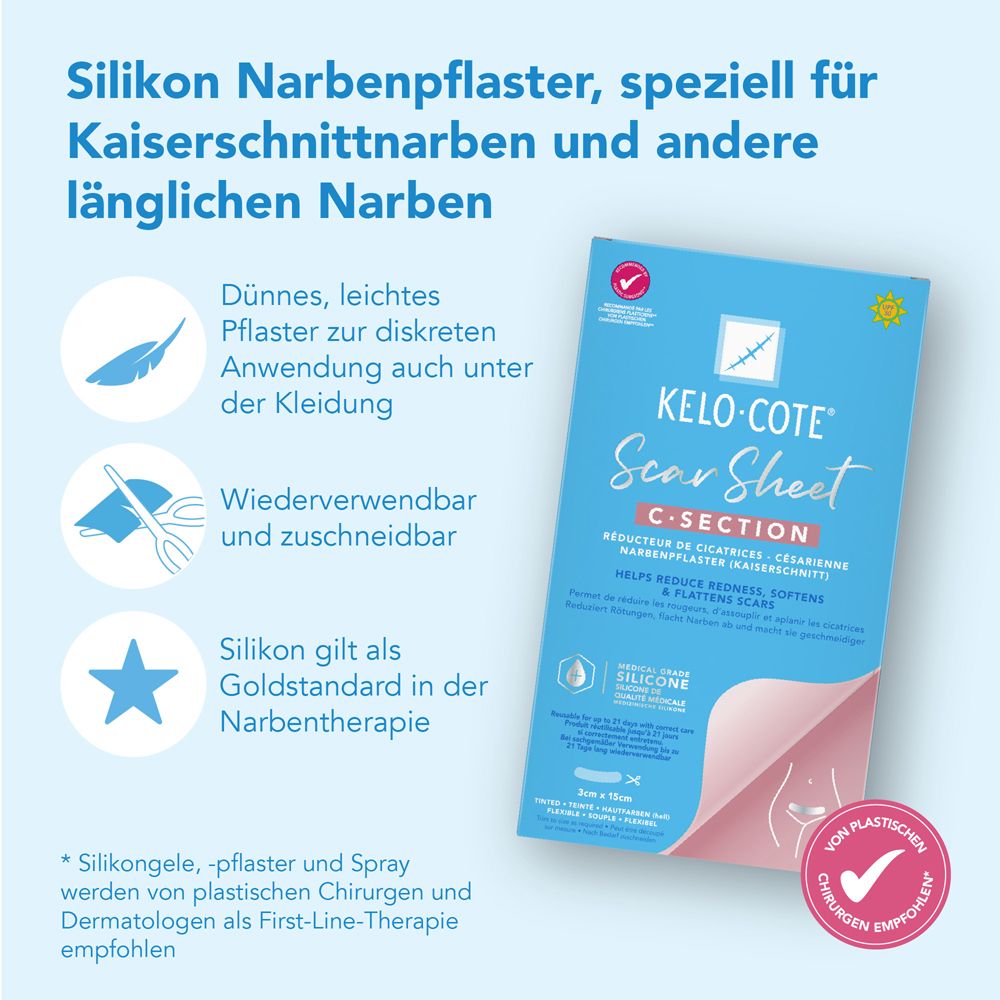 Produktverpackung und Icons. KELO-COTE® Scar Sheet C-Section. Dünnes, leichtes Pflaster. Wiederverwendbar. Silikon als Goldstandard.