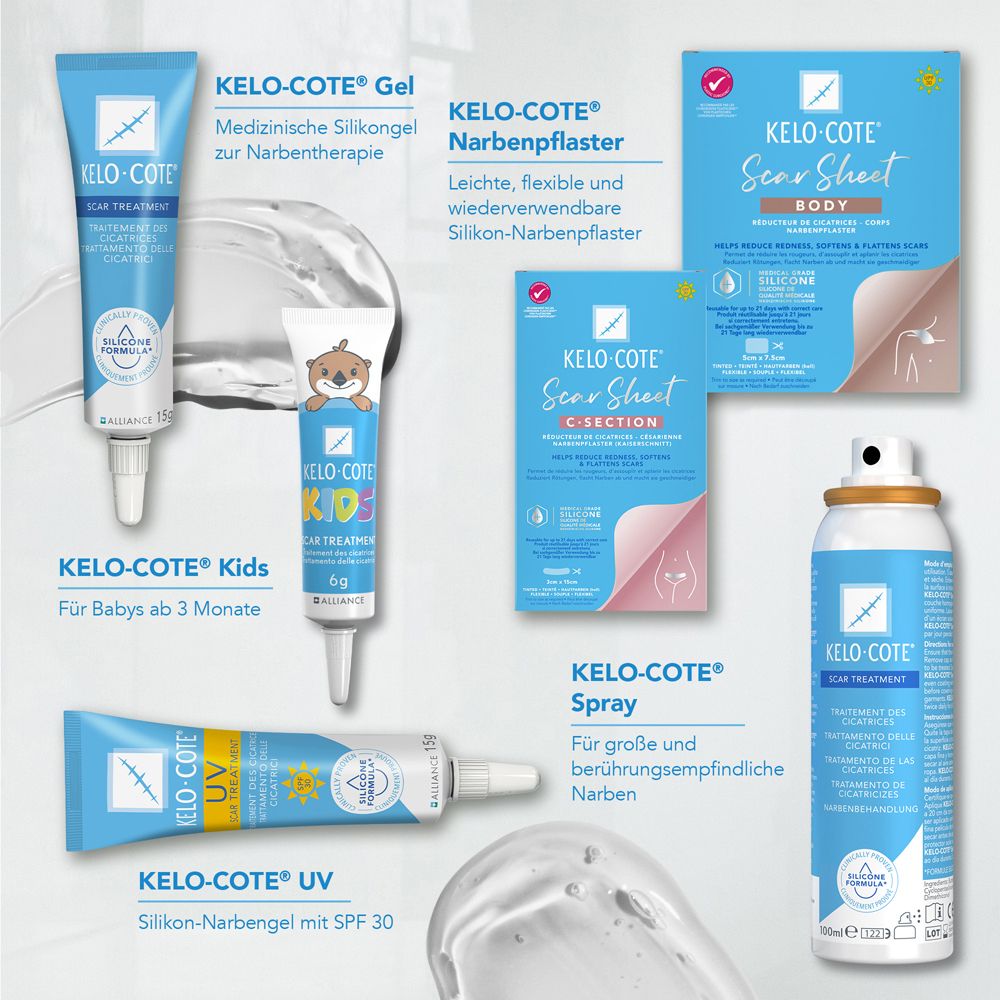 Verschiedene KELO-COTE® Produkte: Gel, Pflaster, Spray, UV Gel, Kids Gel. Für Narbenbehandlung. Verschiedene Größen und Formate.