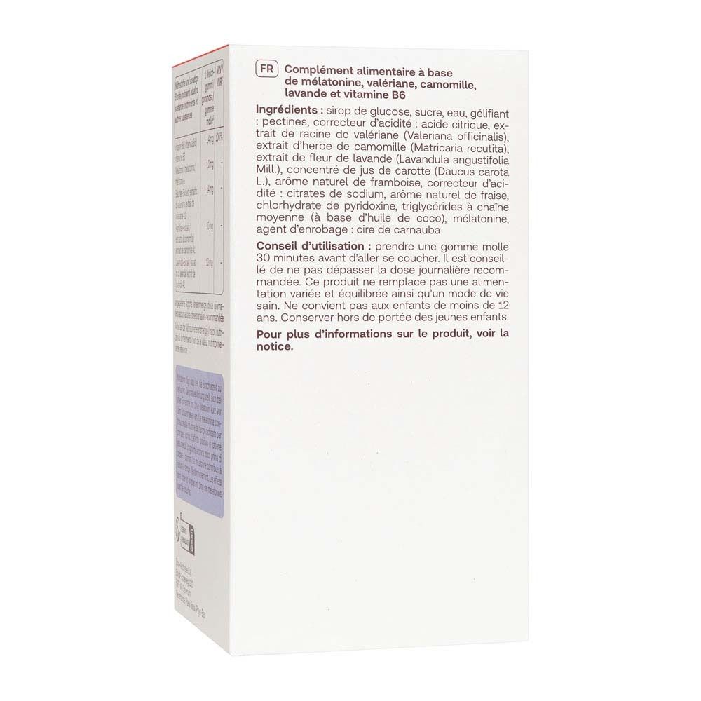 Rückseite der Packung Redcare Vita Melatonin Weichgummis. Zutaten, Anwendungshinweise und Nährwertangaben.