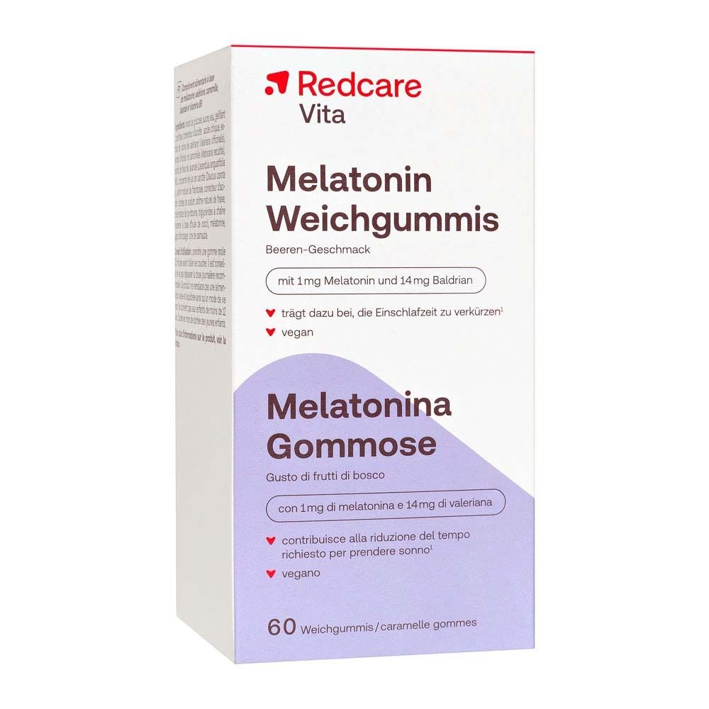 Packung Redcare Vita Melatonin Weichgummis. 60 Stück. Mit 1mg Melatonin und 14mg Baldrian. Beeren-Geschmack.