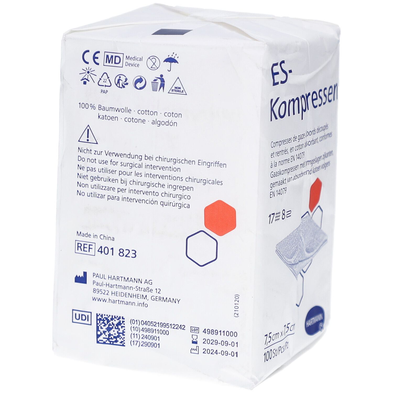Rückseite der Verpackung mit ES-Kompressen. Herstellerinformationen, Warnhinweise und Zertifizierungen.