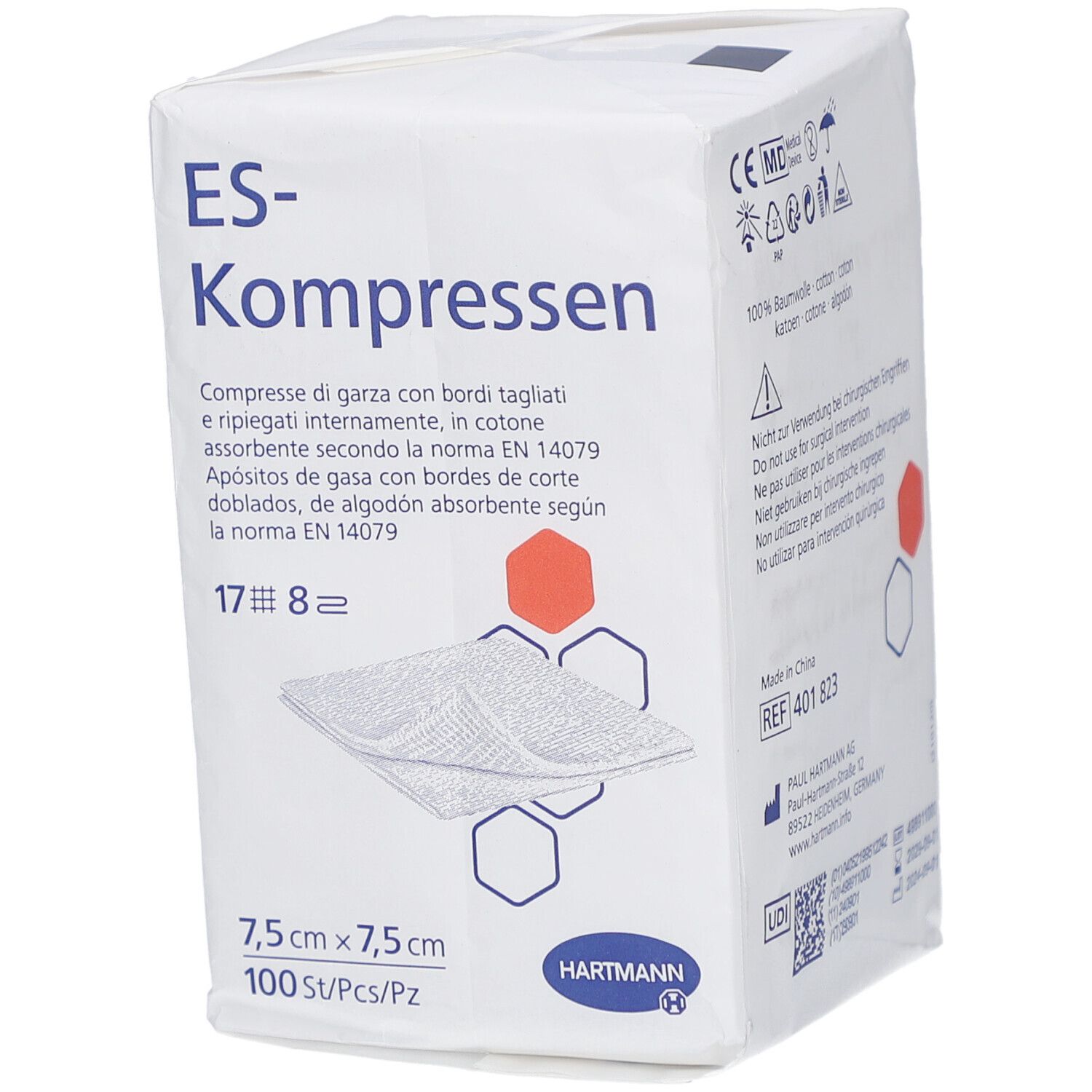 Verpackung mit ES-Kompressen. Größe 7,5 x 7,5 cm, 100 Stück. Marke HARTMANN. Mehrsprachige Beschriftung.
