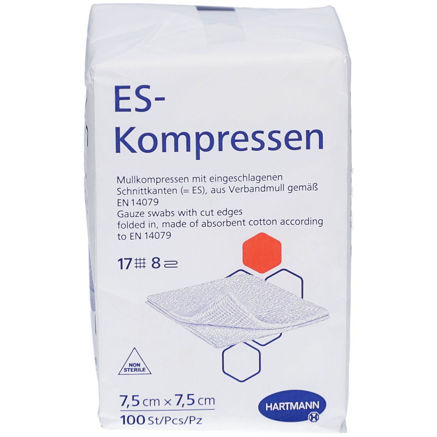 Verpackung mit ES-Kompressen. Größe 7,5 x 7,5 cm, 100 Stück. Marke HARTMANN. Steril.