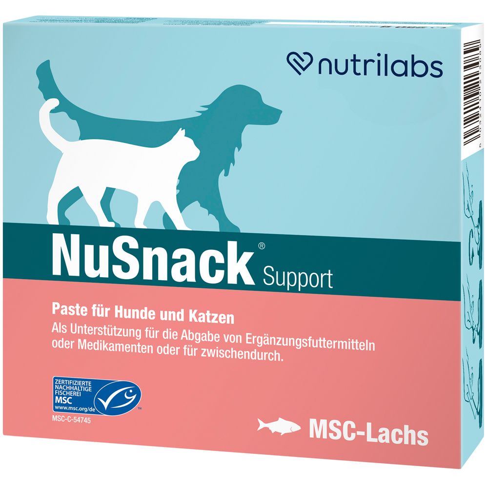 Verpackung von NuSnack Support. Hellblauer Hintergrund mit Hund- und Katzen-Silhouette. Text: NuSnack Support, MSC-Lachs, nutriLabs.