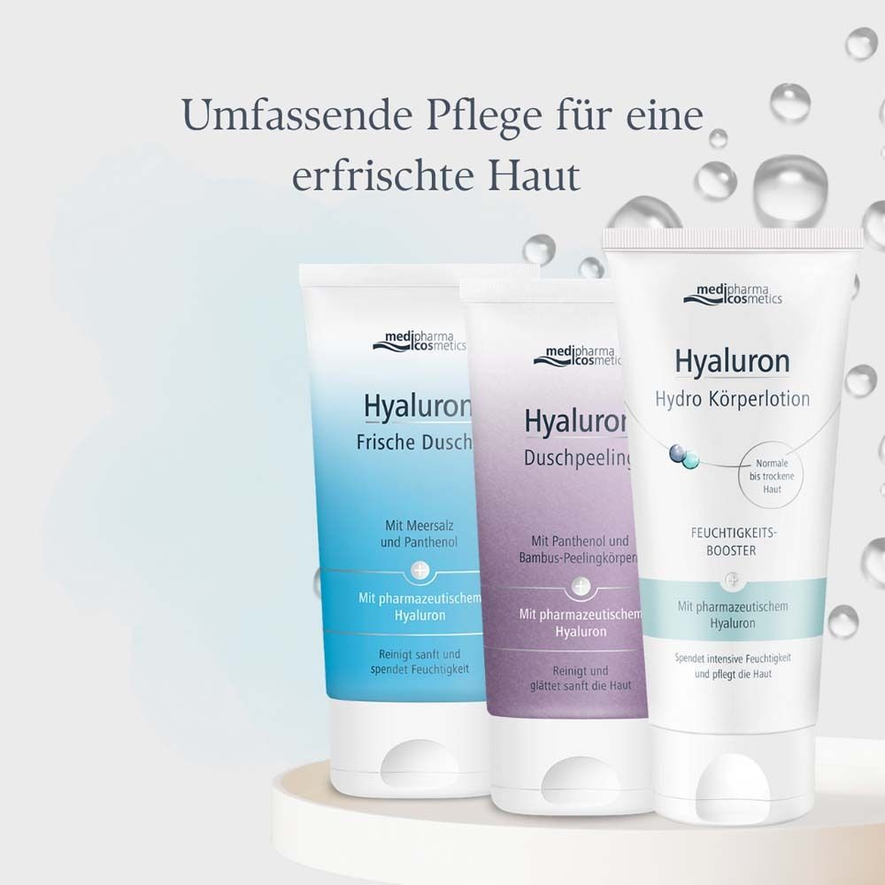 Drei Tuben Hyaluron-Produkte. Hyaluron Frische Dusche, Duschpeeling und Hydro Körperlotion. Produktnamen sichtbar.